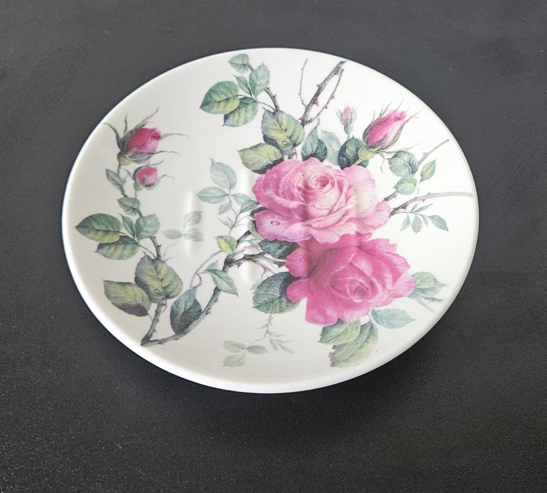 Vintage Round Large Soap Dish English Rose Fine Bone China England 1992 Roy Kirkham Approx 14cm Diameter