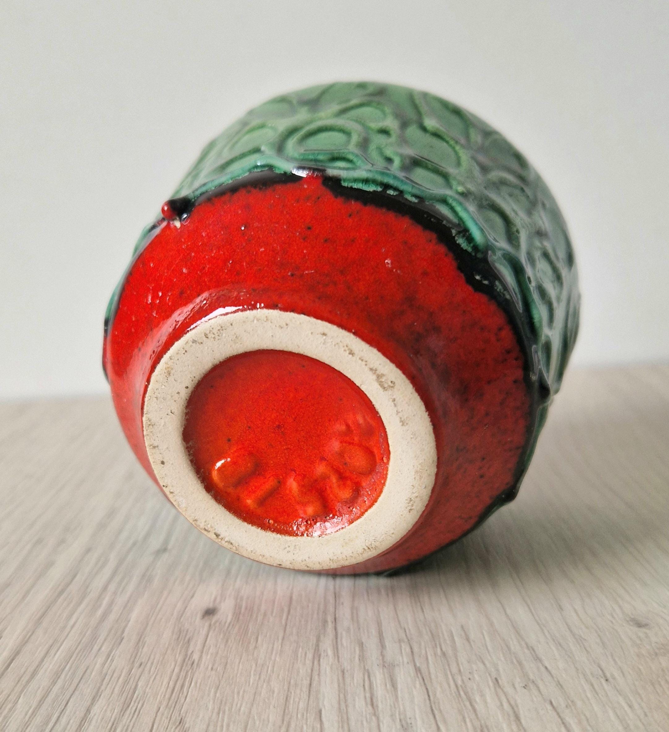 Mid-Century West German Green & Red Squat Fat Lava Vase 8cm