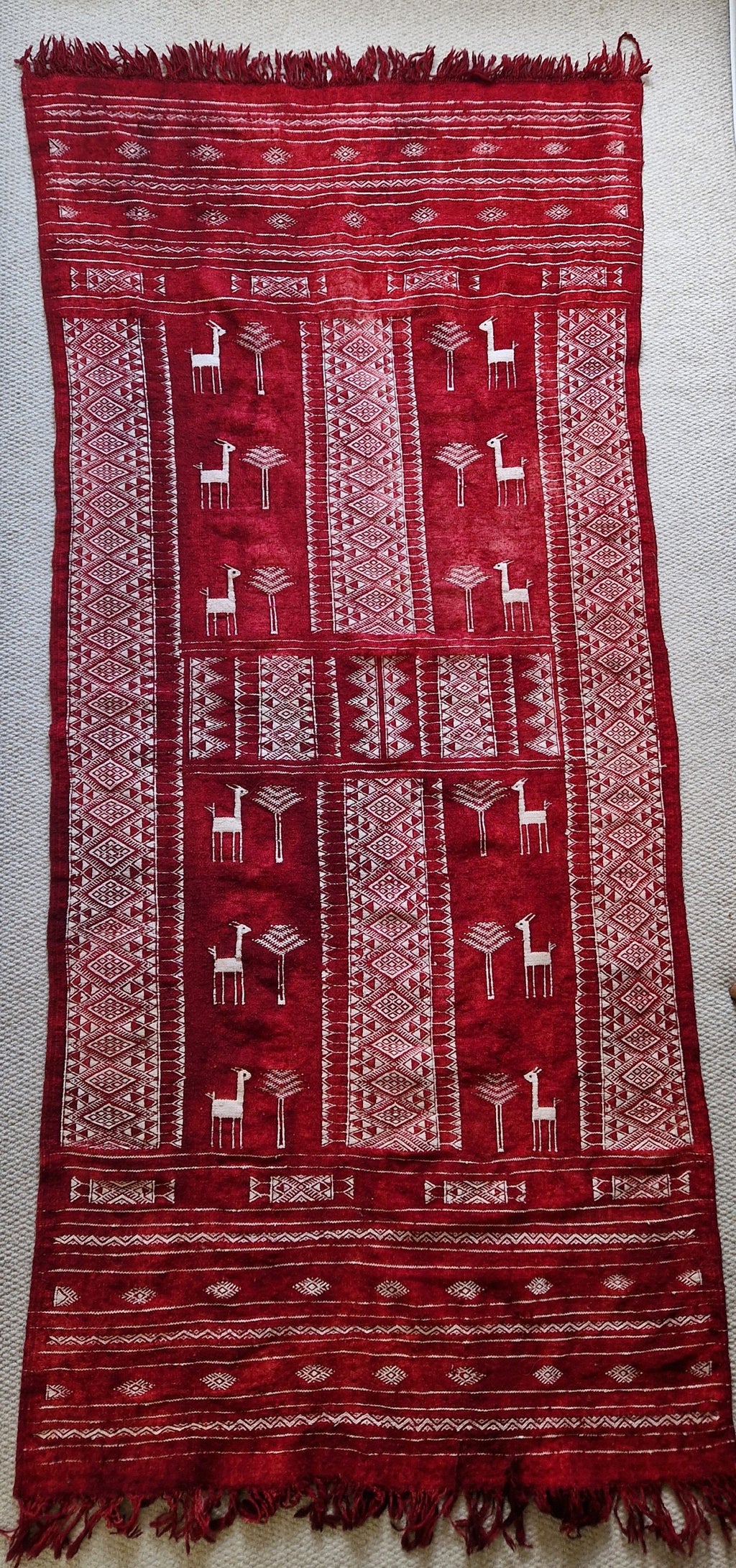 Antique Tunisian Wedding Shawl: Woven Wool Blanket, Animal Motifs, Tribal Art