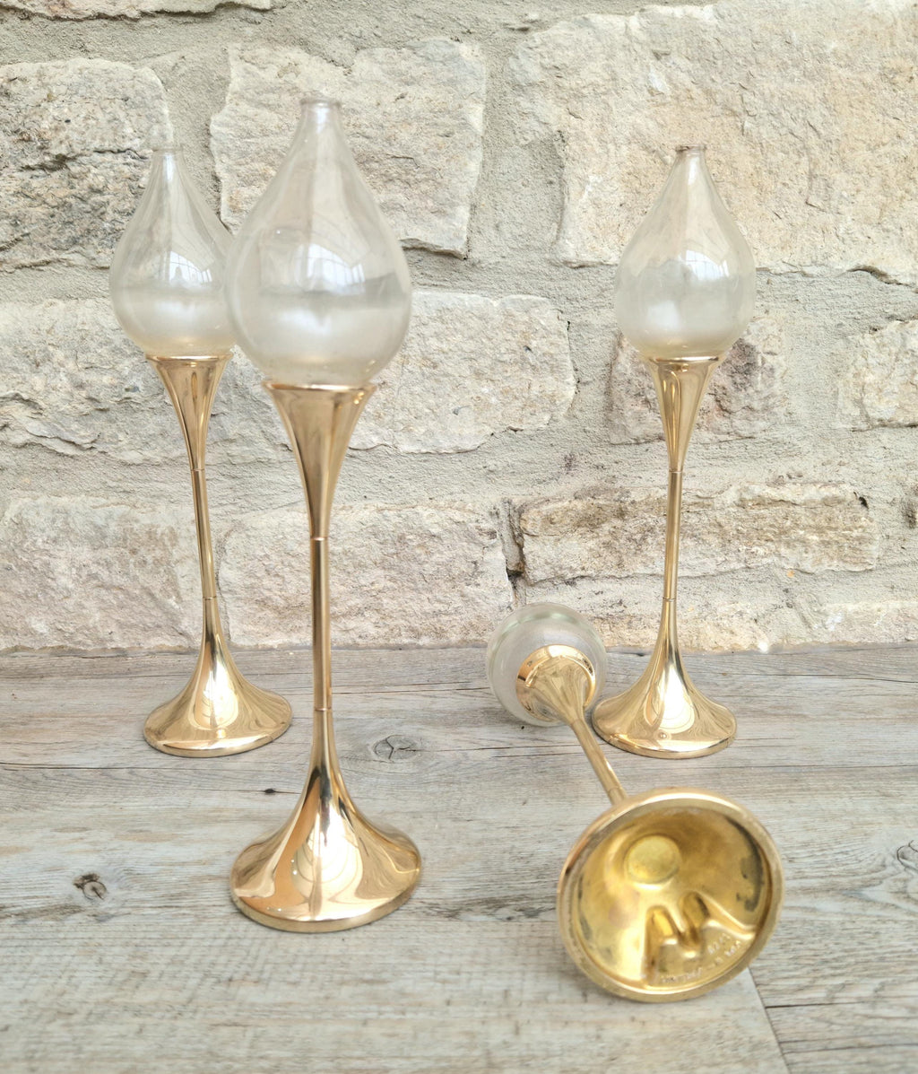 Vintage 4 x Large Brass Freddie Andersen Clear Drop Oil Lamps Germany 1970