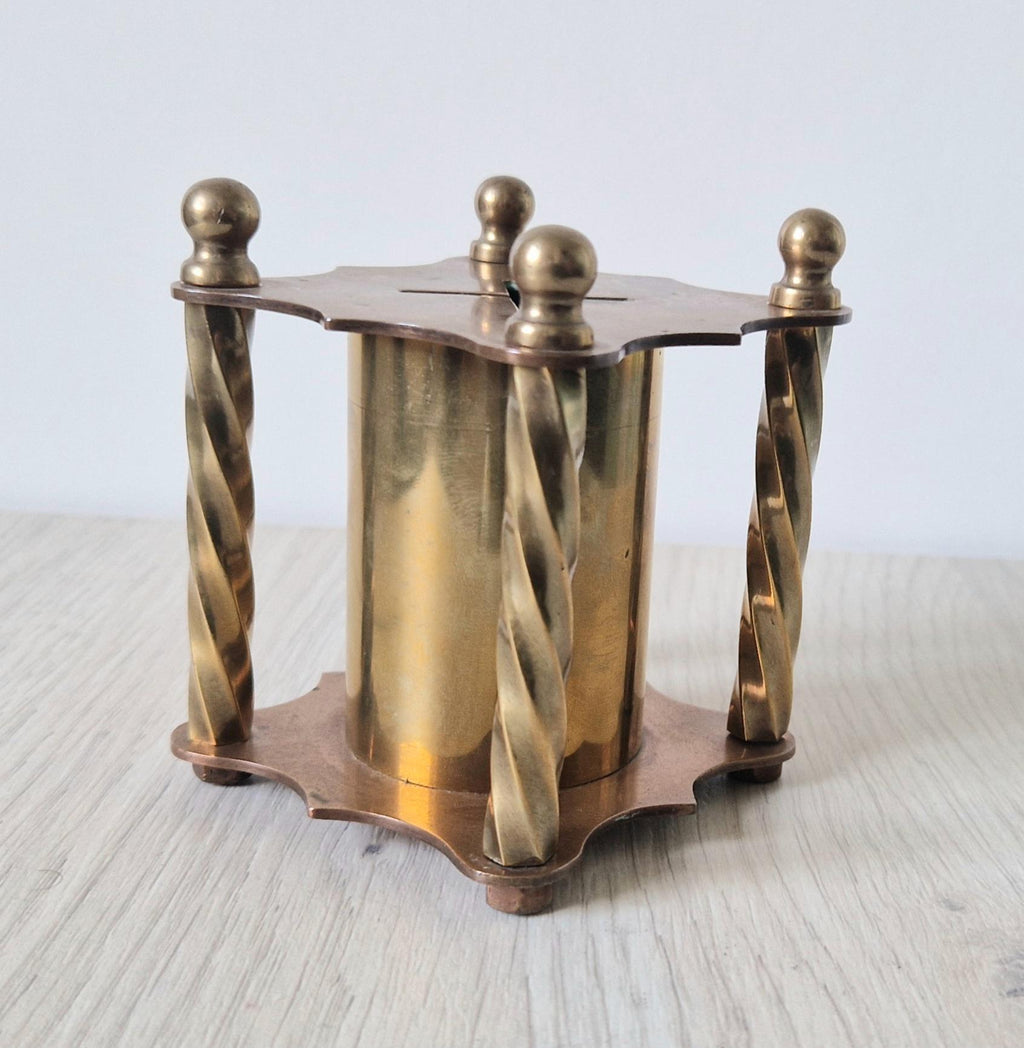 Rare Arts & Crafts Copper And Brass Folk Art Twisted Pillar Desk Money Box