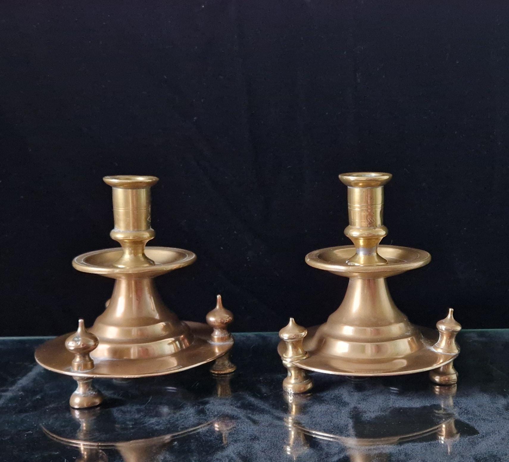 Pair of 19th Century Judin Signed Czarist Era Russian Bronzed Sabbath Bun Footed Capstan Candle Holders.
