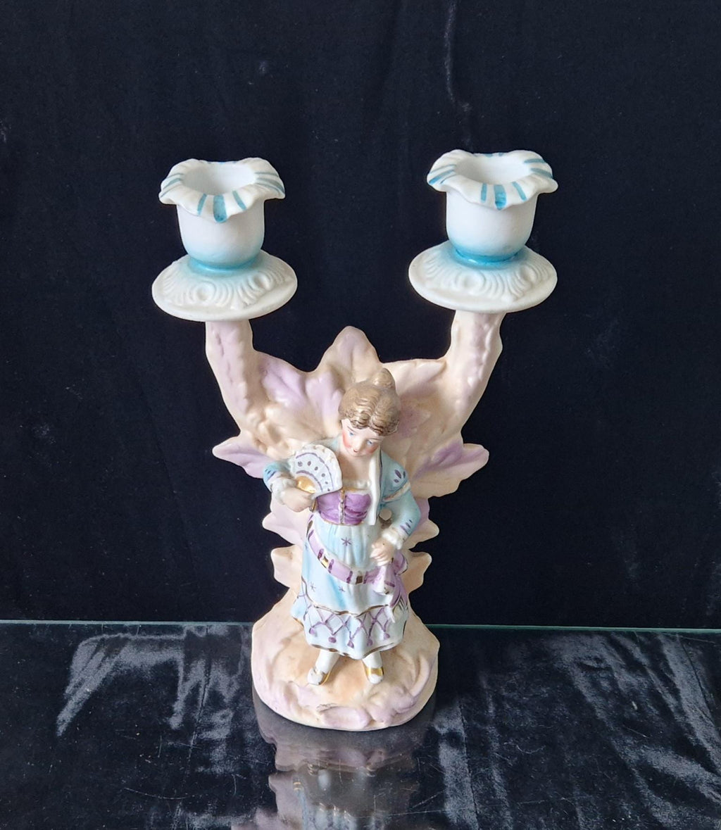 19th Century Continental Bisque Handpainted Fan Girl Figural 2 Candle Candelabra