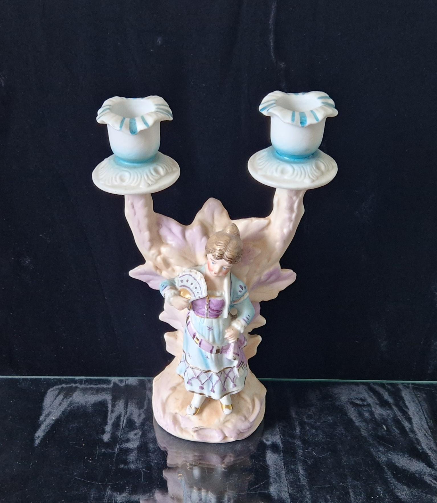 19th Century Continental Bisque Handpainted Fan Girl Figural 2 Candle Candelabra