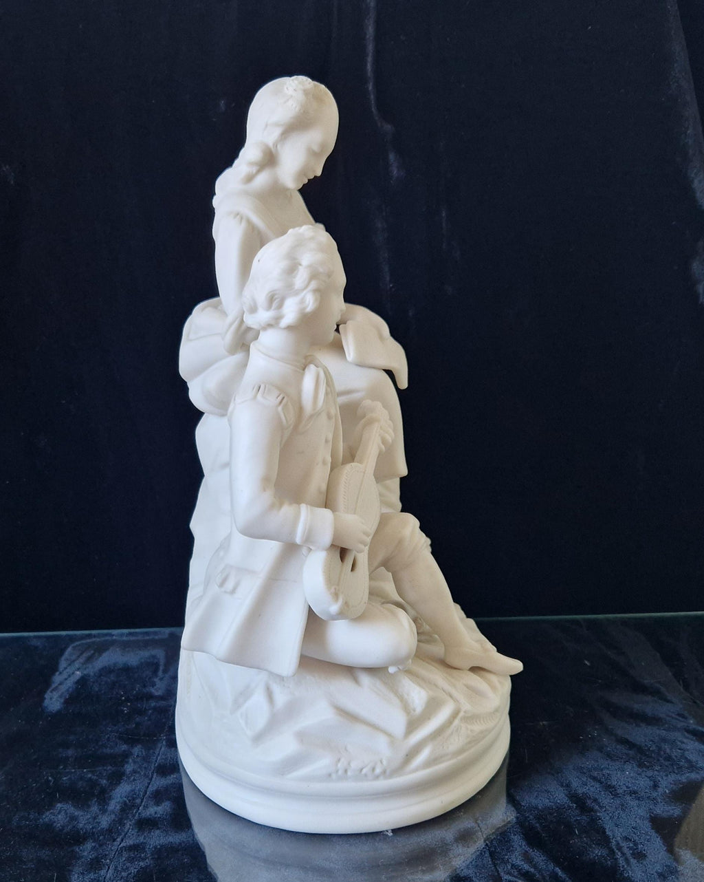 Antique Parian Ware Figural Group Young Lovers With Guitar & Music Book On Plinth
