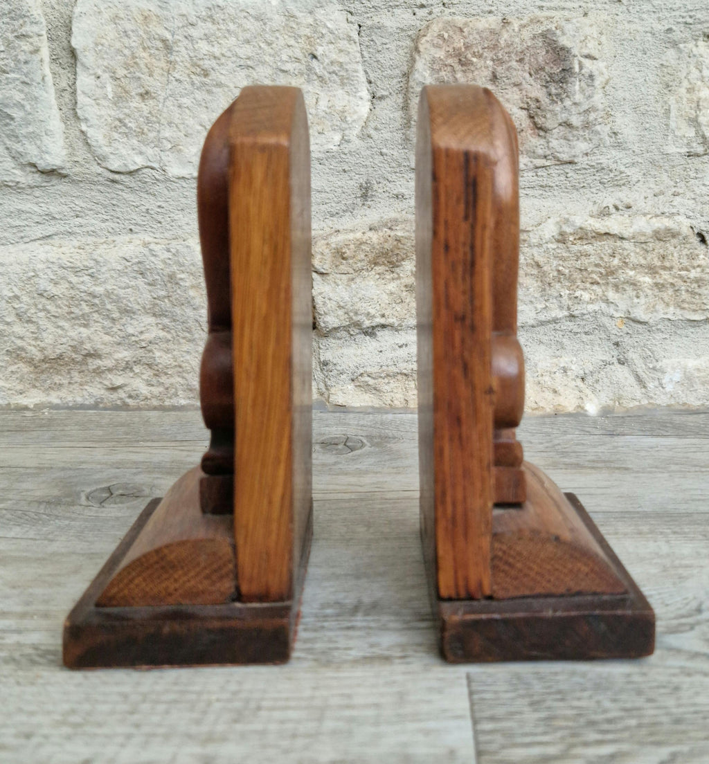 Hand-Carved Oak Arts & Crafts Fleur De Lis Book Ends