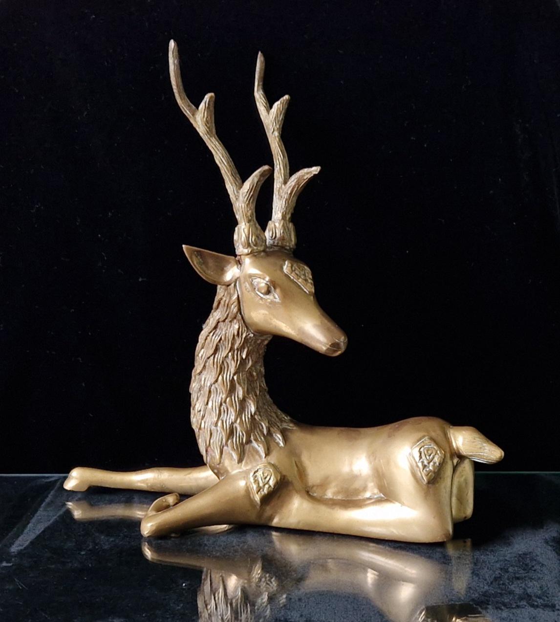 Vintage Heavy Brass Recumbant Deer Art Sculpture a la Sarreid Design Desk Ornament 1970's