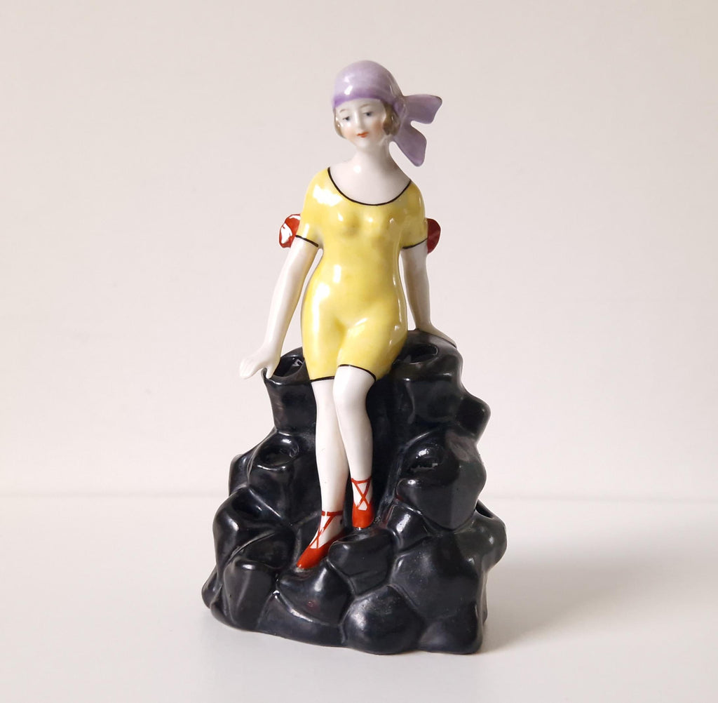 Art Deco Flapper Girl Ceramic Ornament: 1920s Bathing Beauty Hat Pin Holder