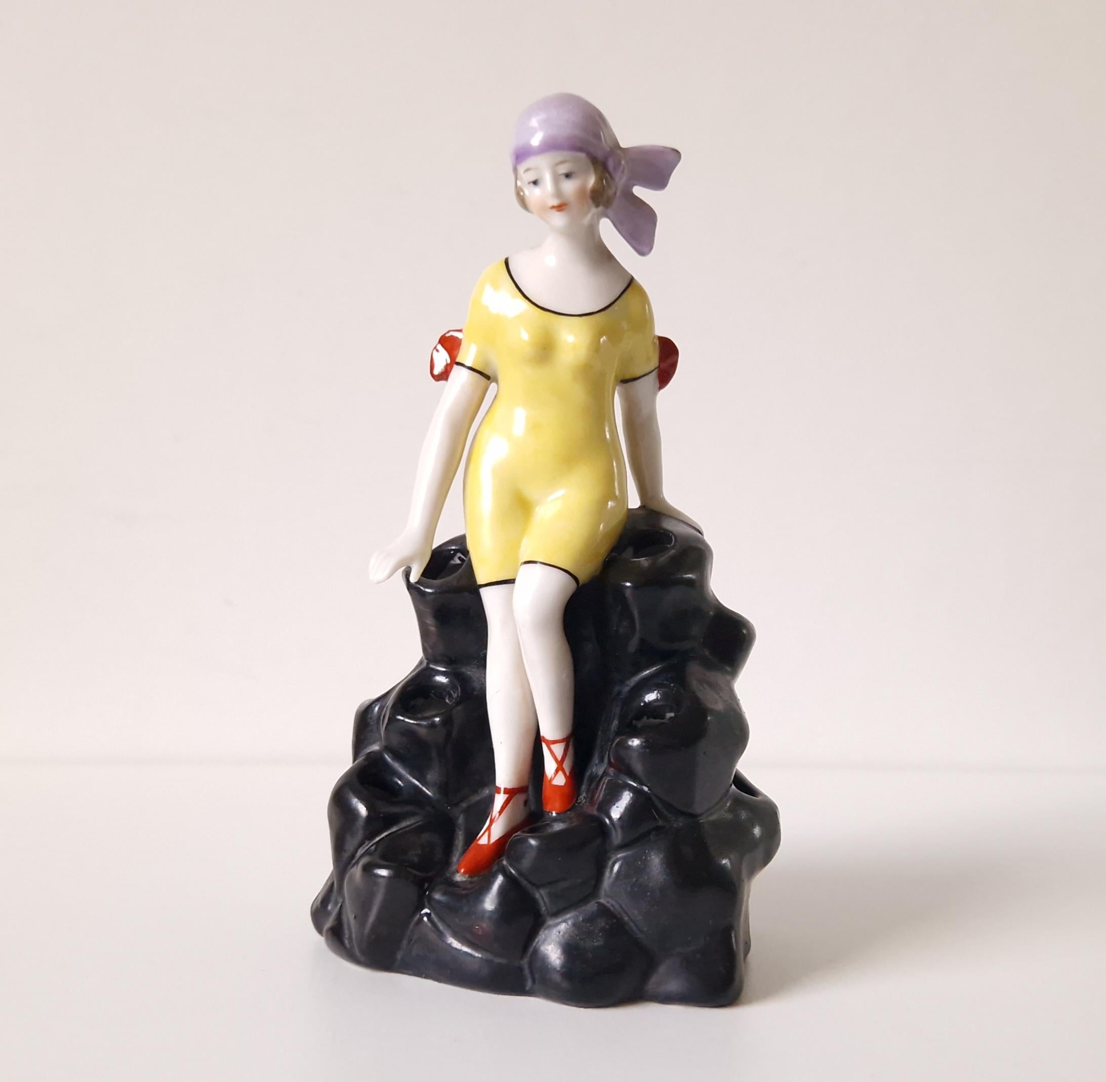 Art Deco Flapper Girl Ceramic Ornament: 1920s Bathing Beauty Hat Pin Holder