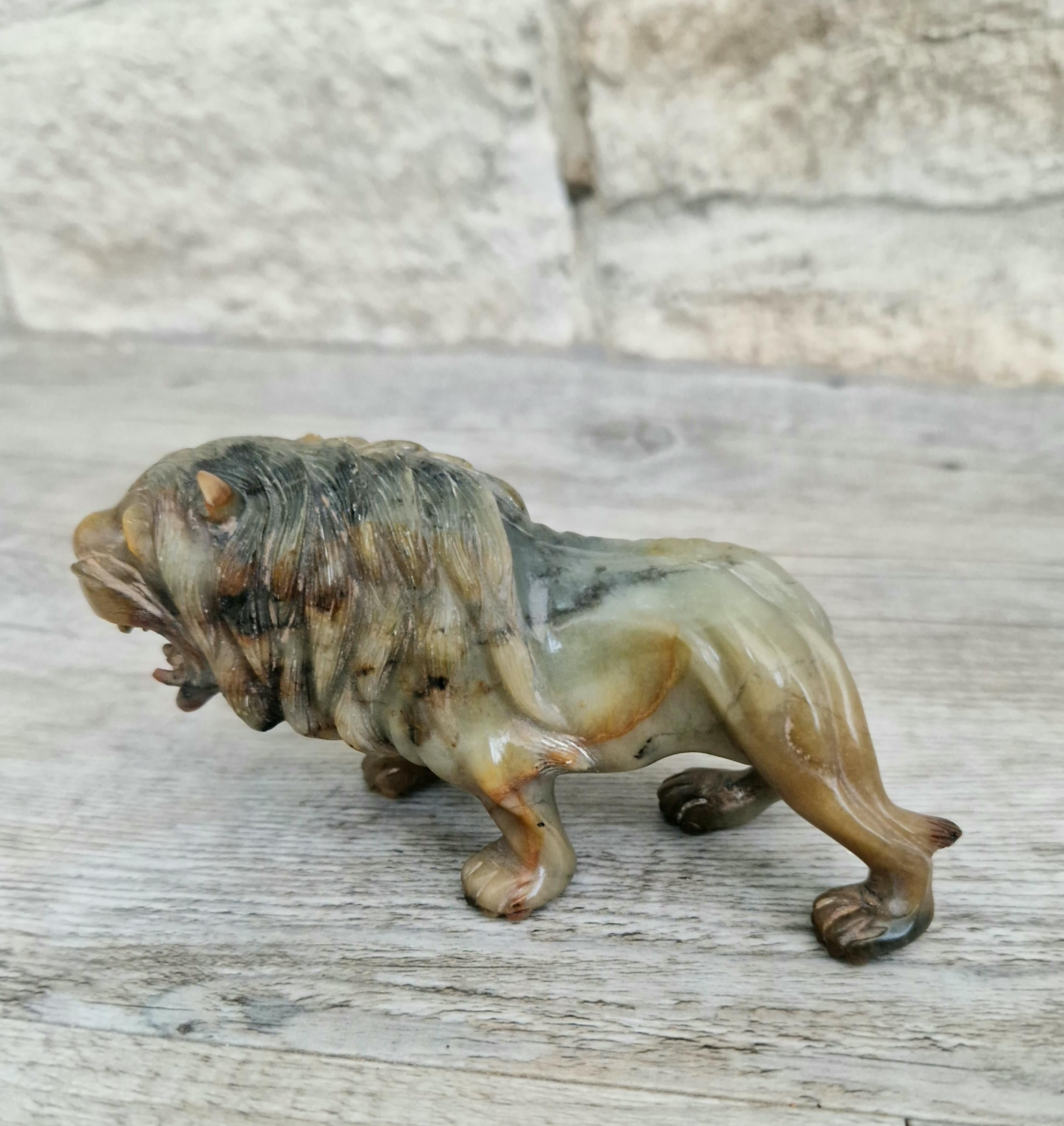 Vintage Fine Carved Jade Roaring Lion Sculpture Early 20th Century Ornament