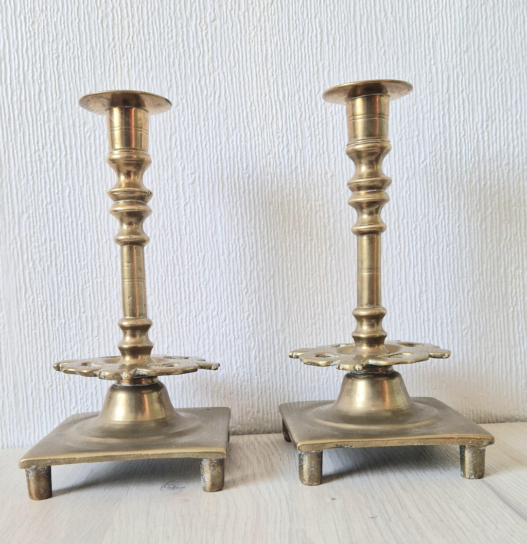 18th Century Solid Turned Brass Russian Sabbat Candle Holder Sticks Very Rare