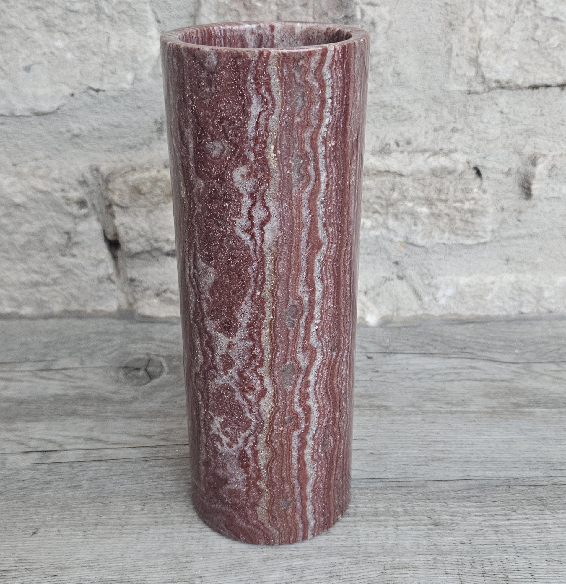 Vintage Red Onyx Marble Vase Cylinder Shape 19.5cm Tall