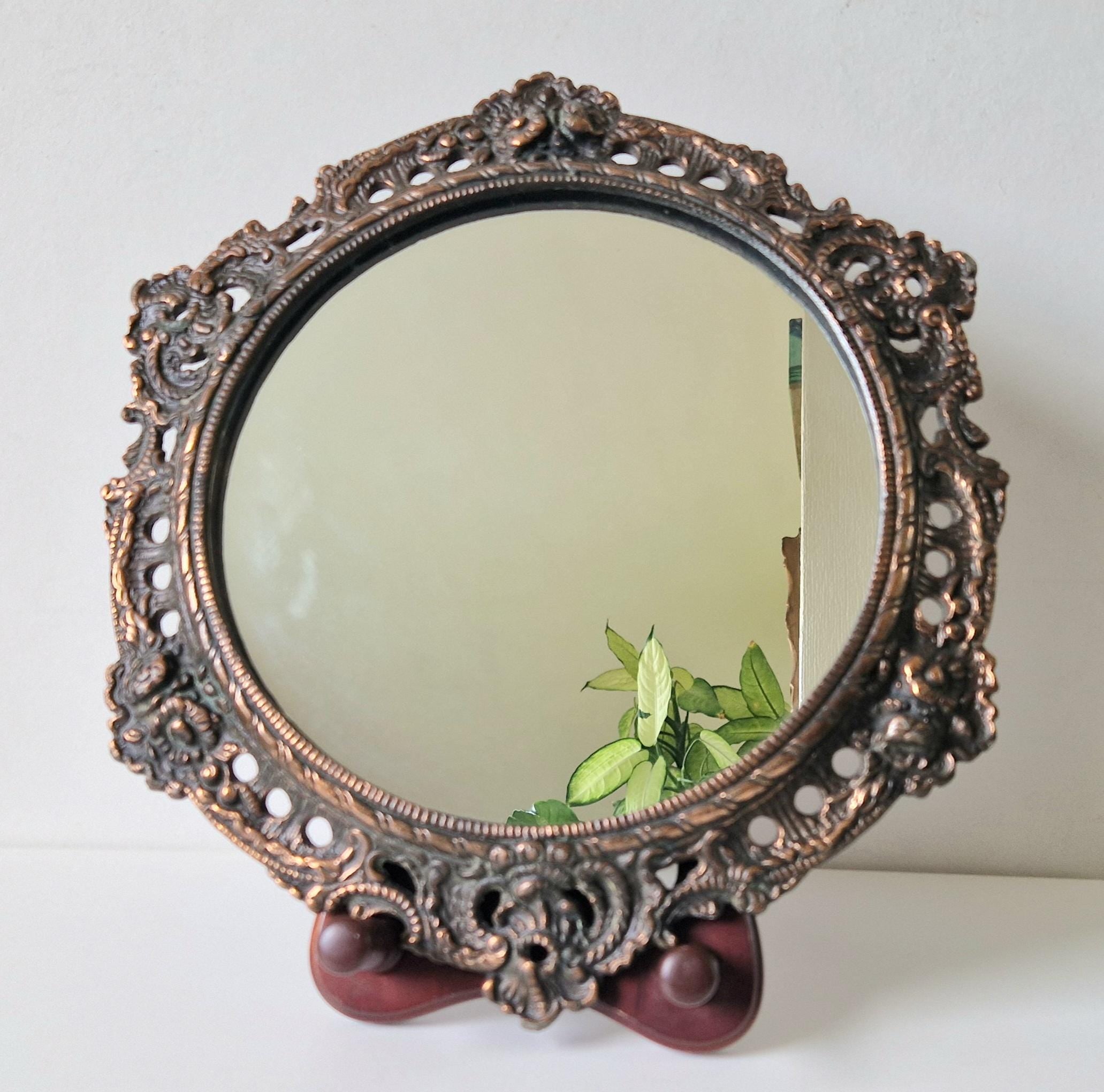 Antique Art Nouveau Heavy Cast Copper Metal Ornate Floral Rococo Round Wall Mirror 31cm