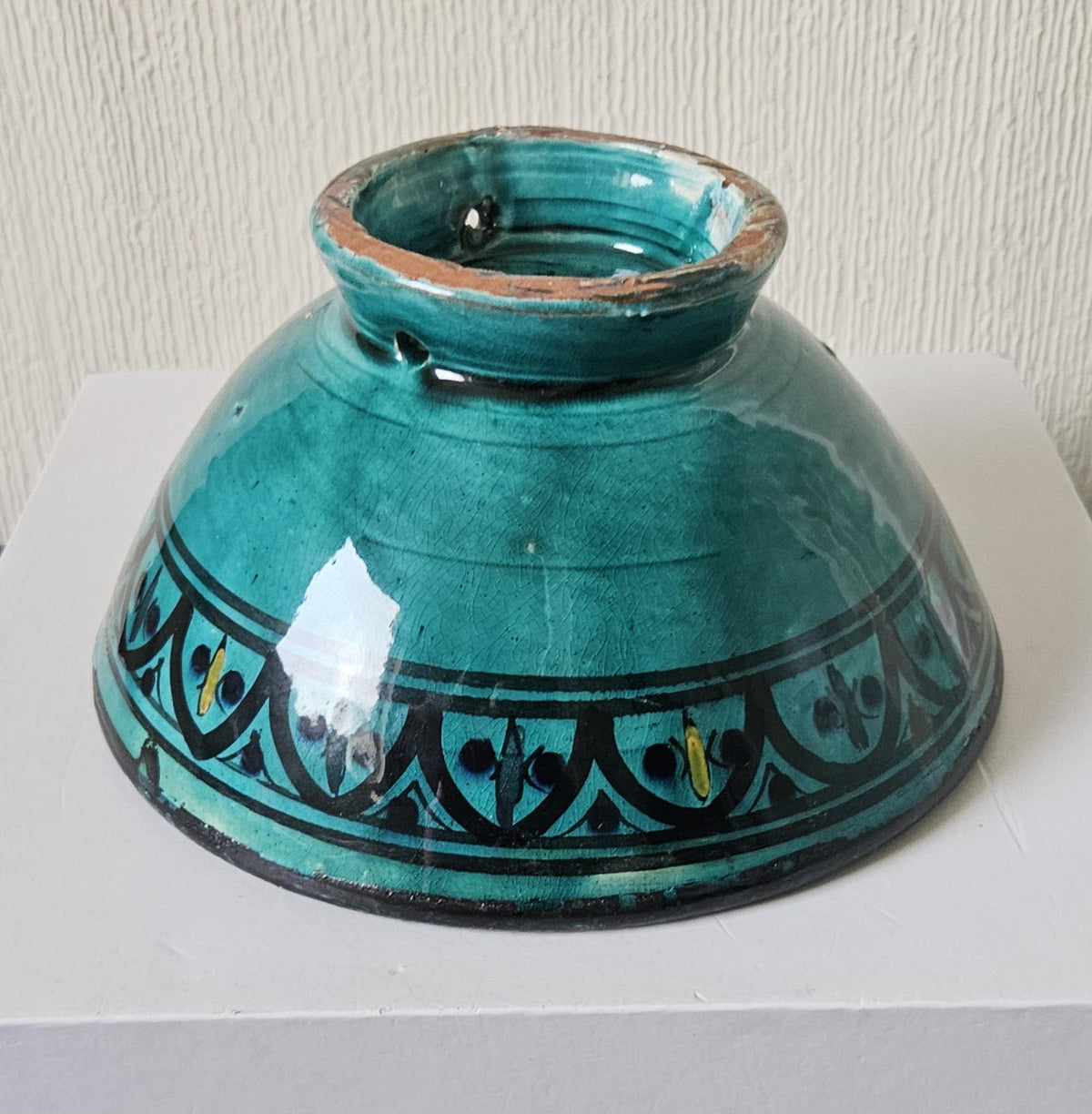 Vintage SAFI, Morocco: Earthenware Footed Bowl turquoise Patterned Signed