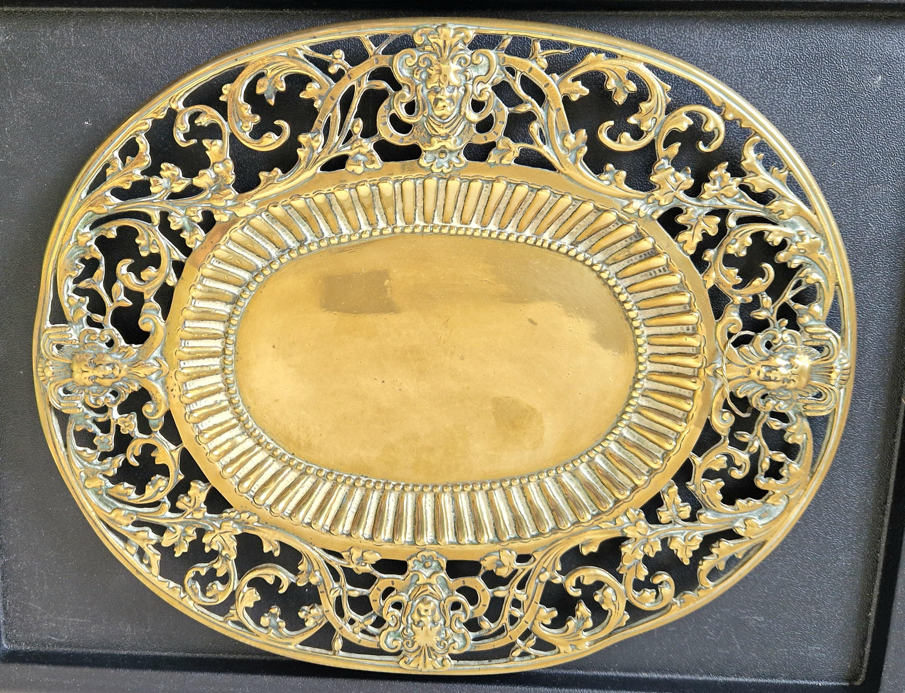 Antique Ornate Heavy Cast Brass Pierced Work Beaded & Ribbed Oval Baroque Card Platter Plate