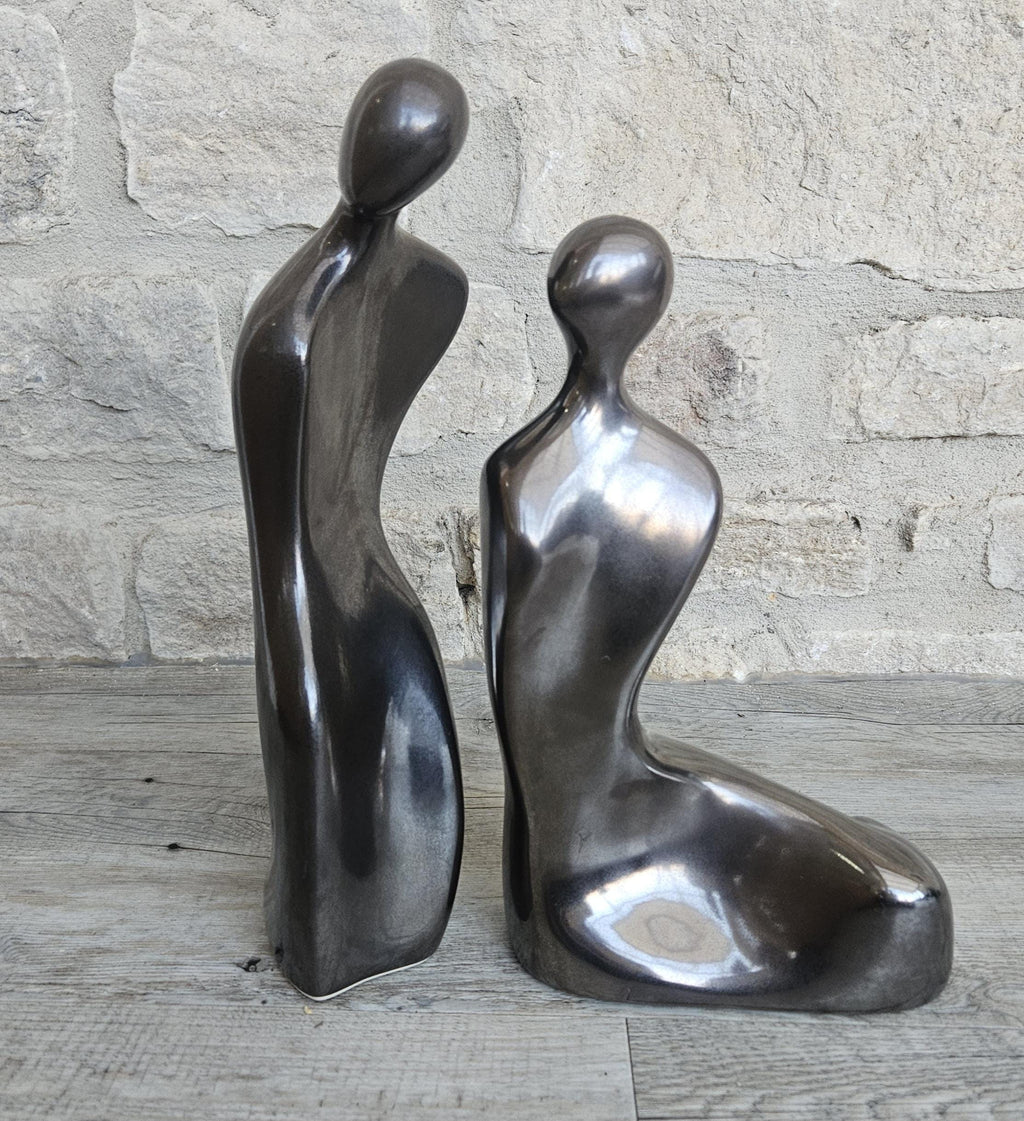 Vintage Tall Large Abstract Couple Figures Ceramic Metallic Finish 32 and 28cm Tall