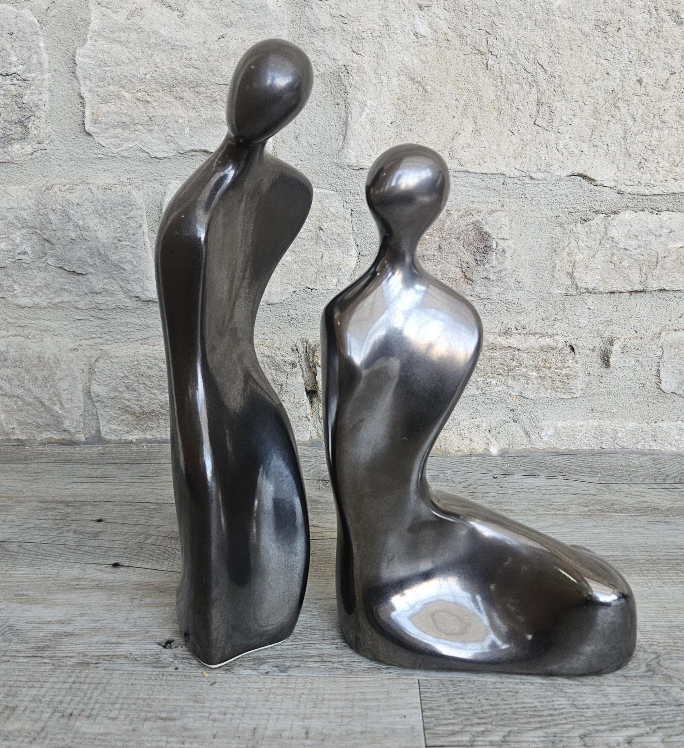 Vintage Tall Large Abstract Couple Figures Ceramic Metallic Finish 32 and 28cm Tall