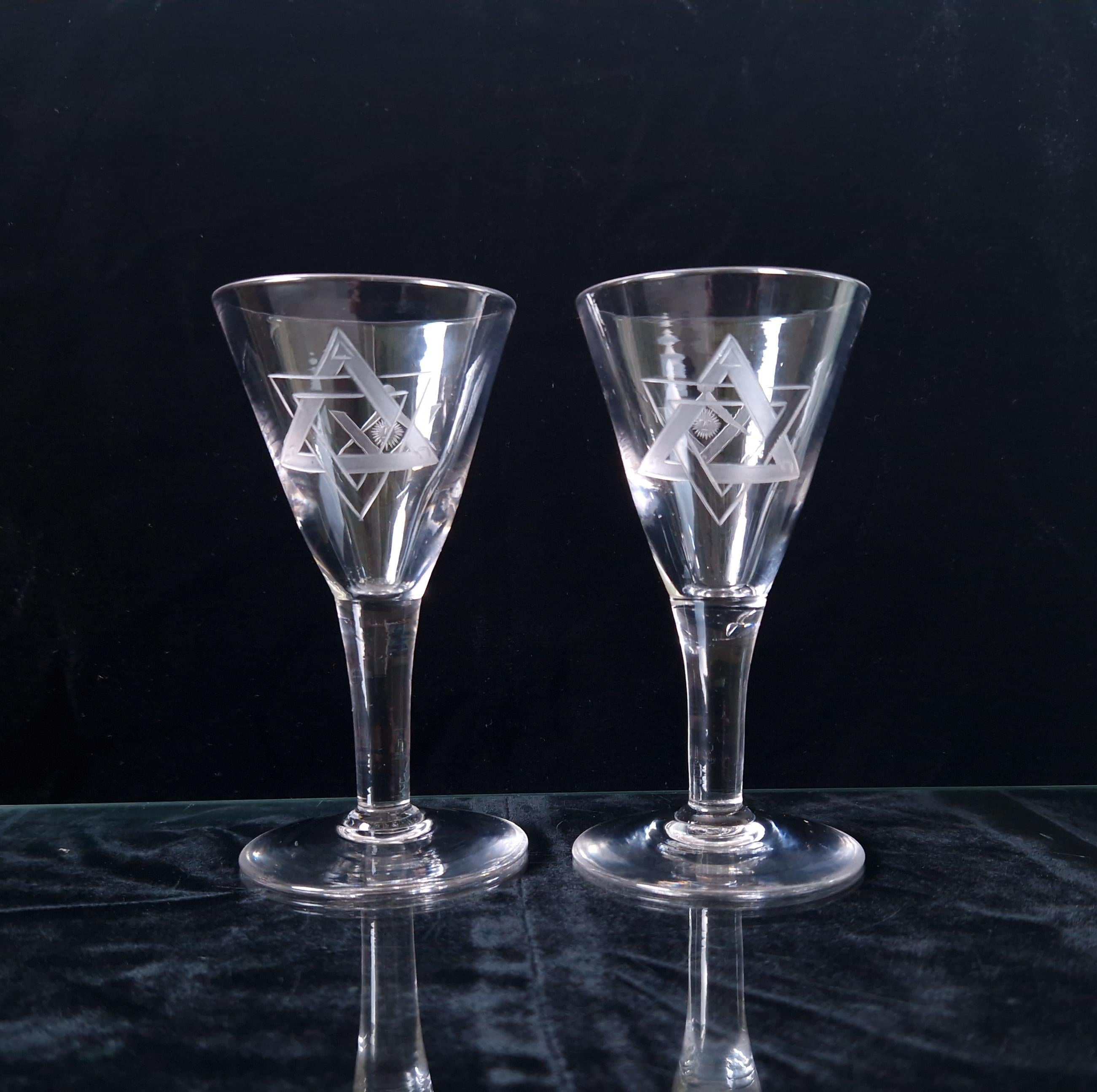 Antique Masonic Port Wine Glasses: 19th Century Engraved Crystal Pair