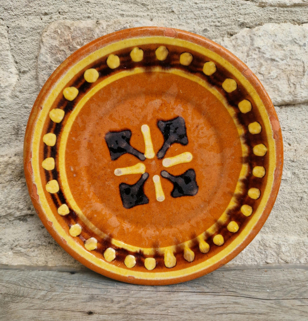 Vintage French Rustic BIOT Ceramic Double Cross Motif Dessert Plate