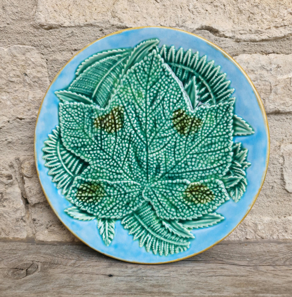 Art Nouveau Majolica Pottery Plate With Leaf & Fern Design Light Blue Ground Double "J" Mark 22cm