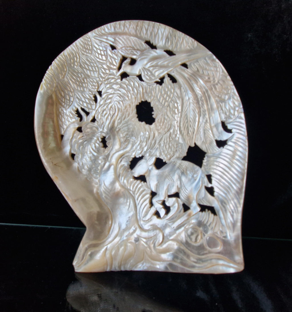 Vintage Chinese Carved Large Mother Of Pearl Shell Animal Birds Forest Scene