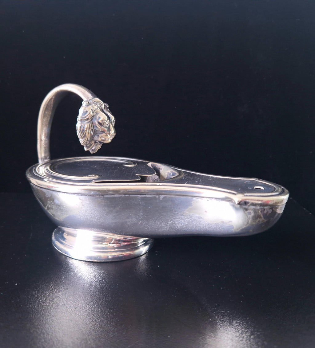 Victorian Silver Plated Brass Oil Lamp Style Lion Mask Handle Spoon Warmer