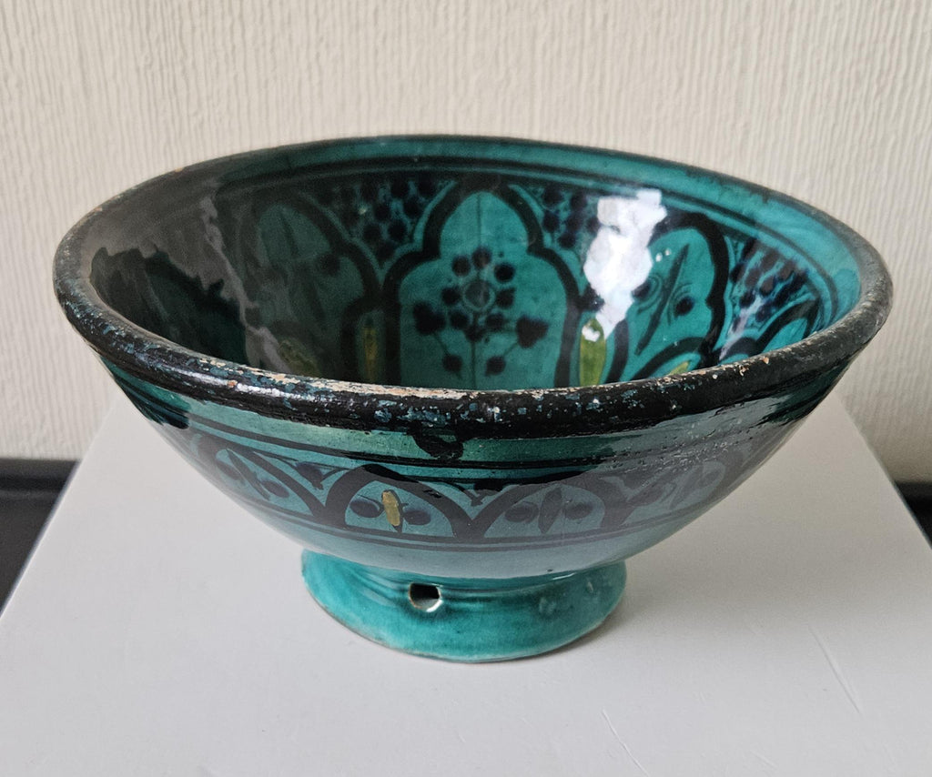 Vintage SAFI, Morocco: Earthenware Footed Bowl turquoise Patterned Signed
