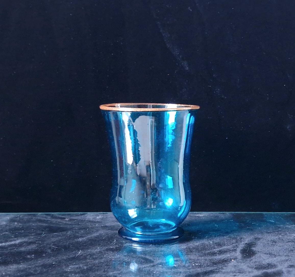 19th Century Hand Blown Peacock Blue Glass Beaker: Aventurine Rim