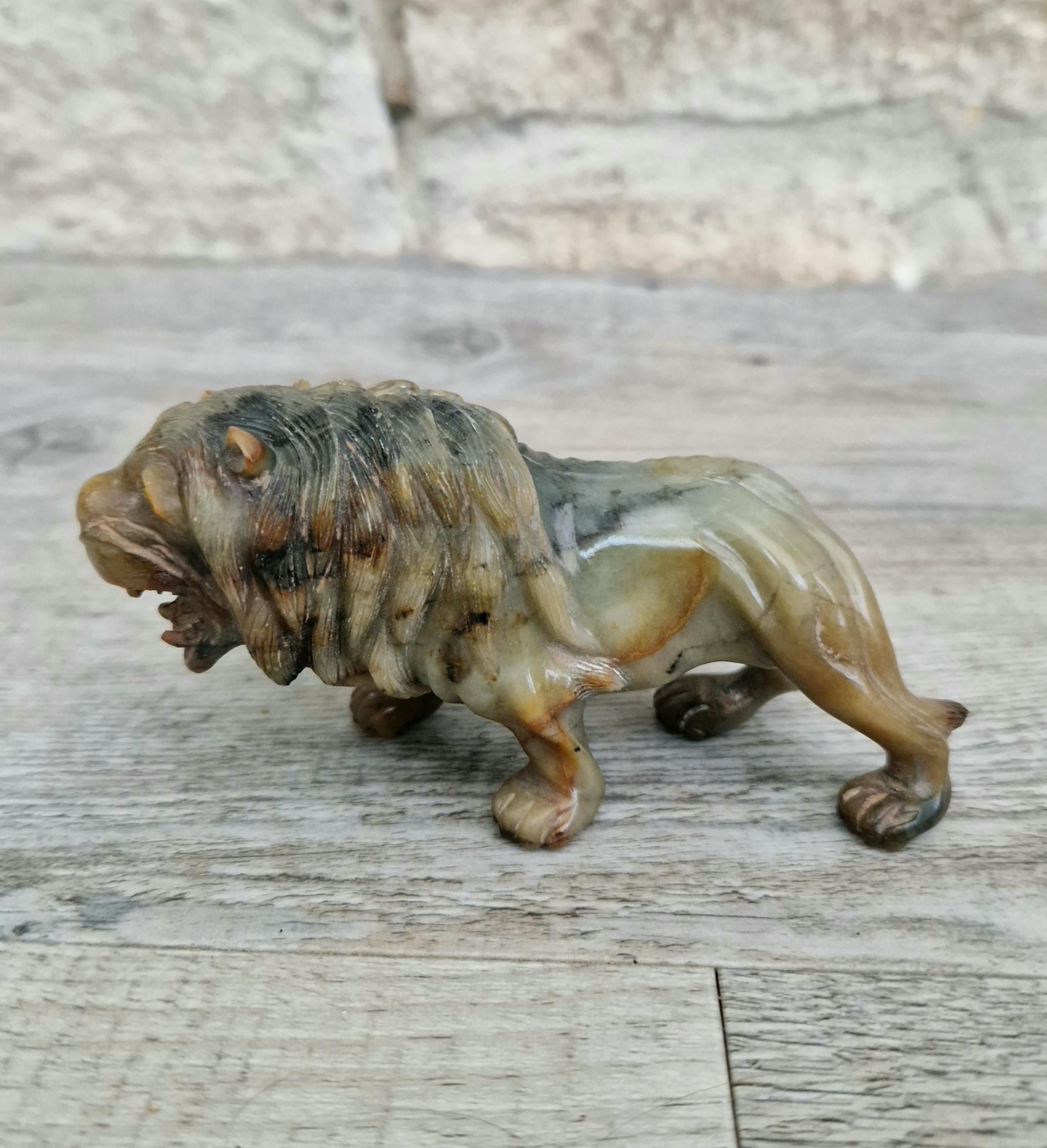 Vintage Fine Carved Jade Roaring Lion Sculpture Early 20th Century Ornament