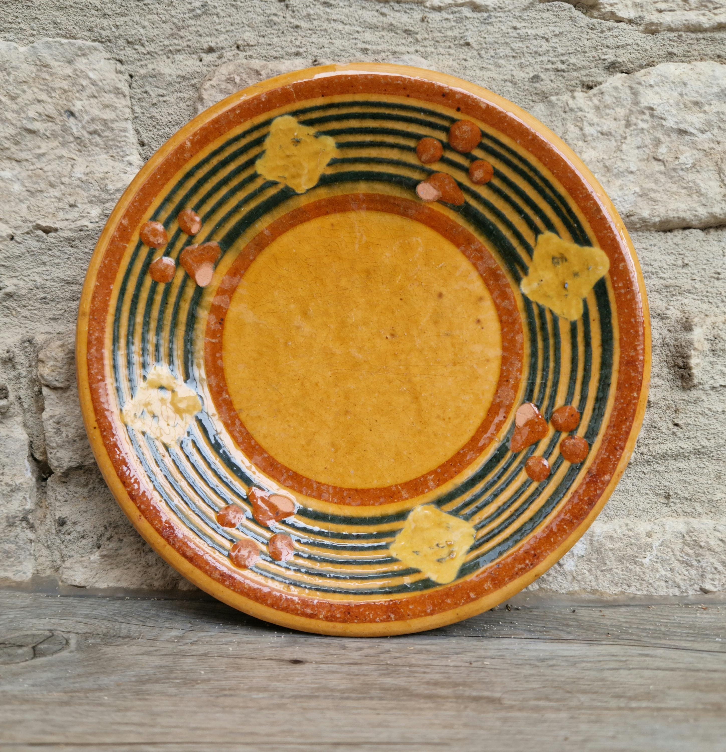 Vintage French Rustic BIOT Ceramic Concentric Circles Motif Yellow Glaze Dessert Plate