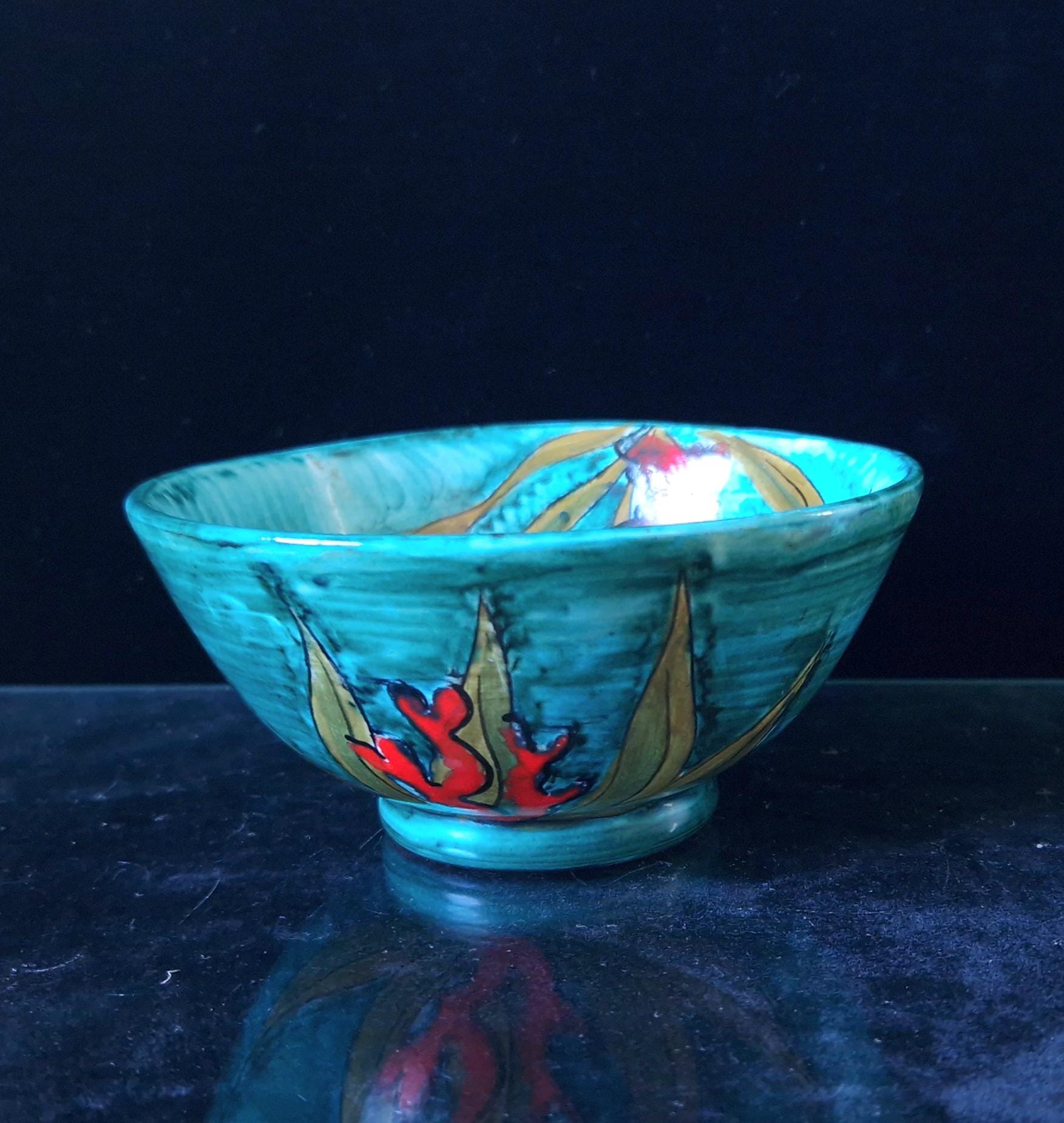 Vintage Turquoise Italian Elba Ceramic Small Footed Dish with Fish Decoration