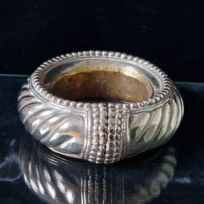 Antique North African Moroccan Silver Metal & Brass Slave Anklet Vide Poche Desk Catchall Dish