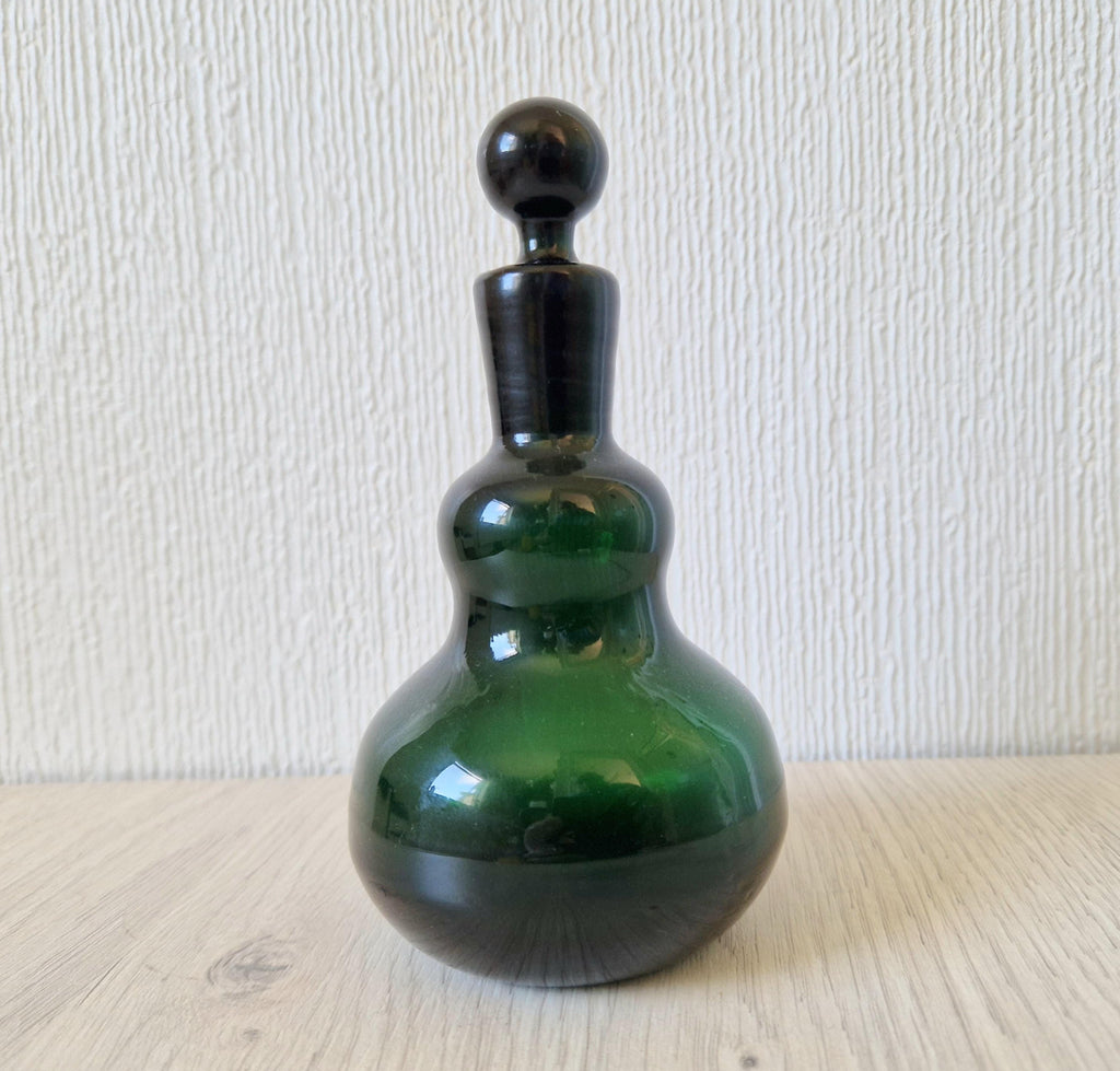 Antique Hand-Blown Dark Green Glass Small Gourd Bottle & Stopper 15cm