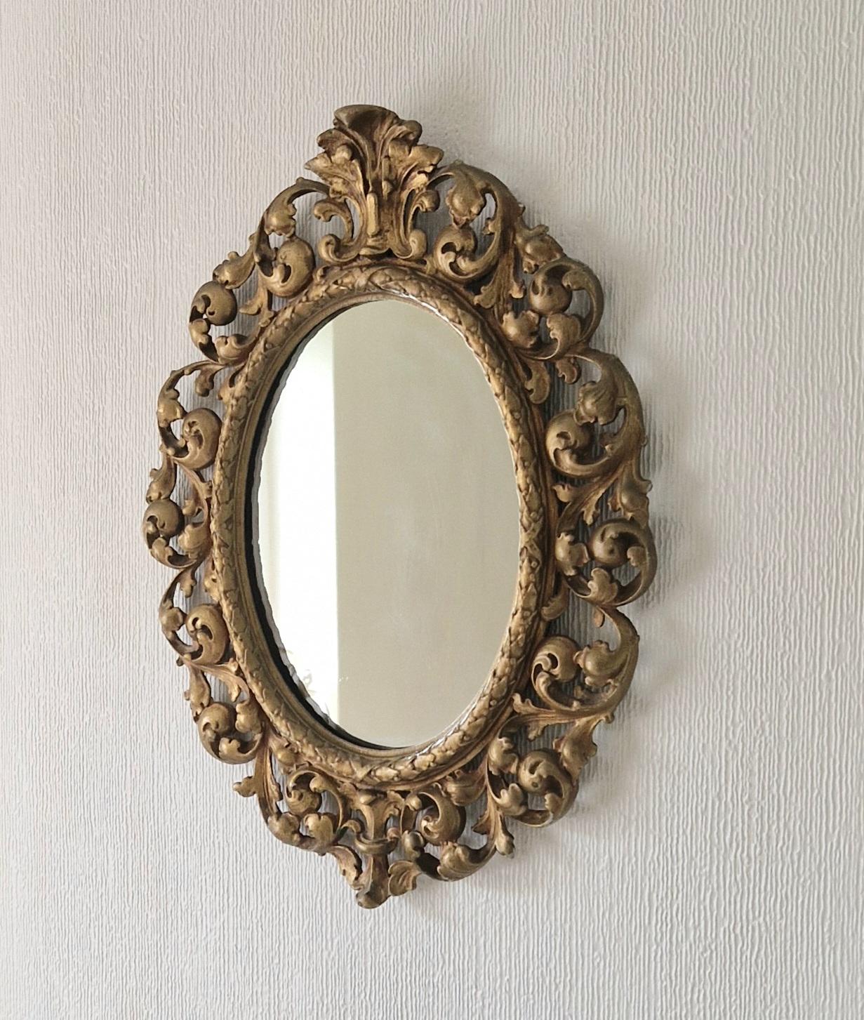Vintage Heavy Gilt Cast Metal Ornate Rococo Oval Wall Mirror 47.5cm