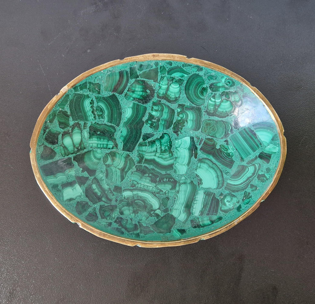 Fine Midcentury Malachite & Brass Oval Vide Poche Catch-All Decorative Bowl