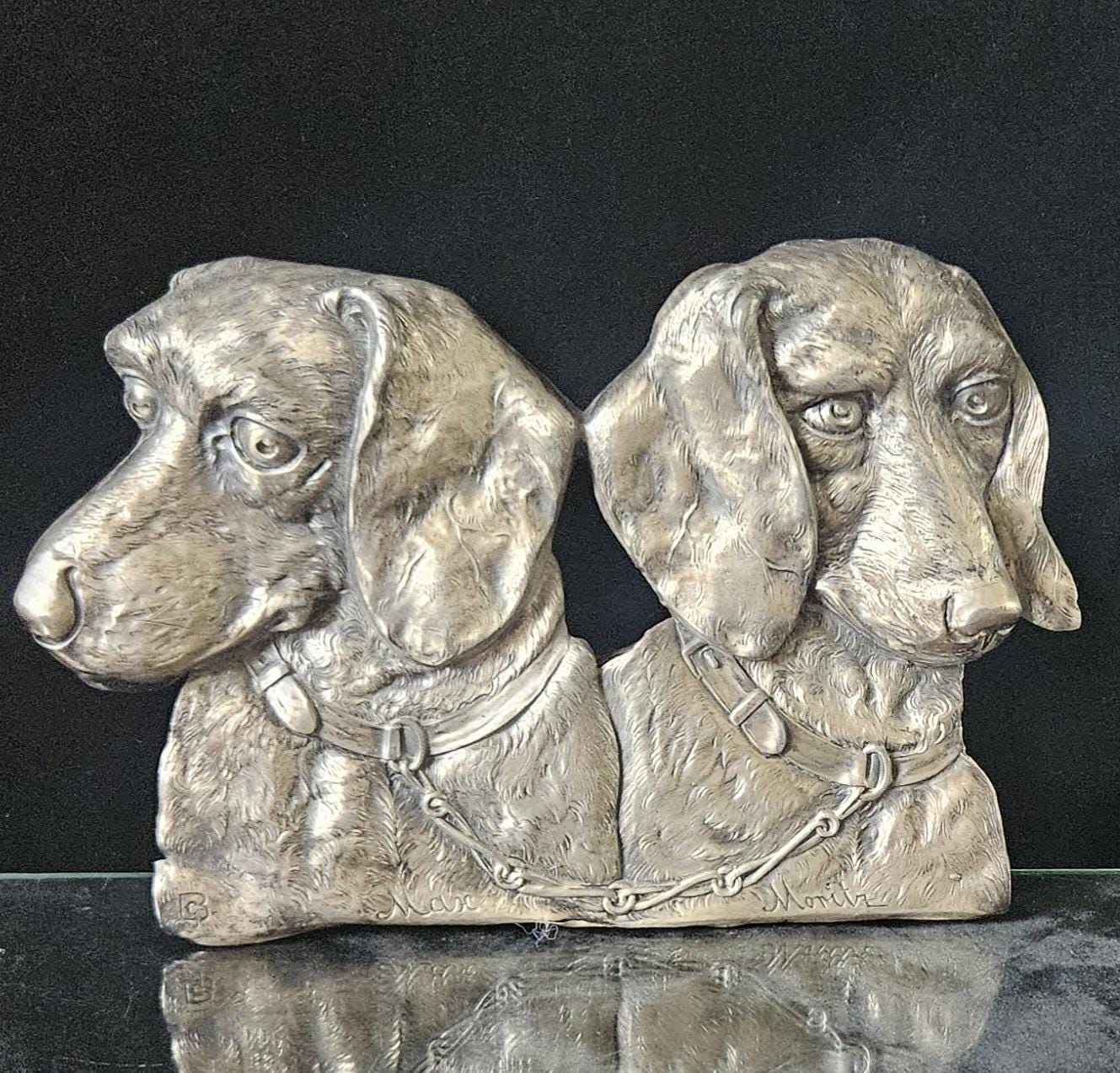 Art Nouveau Metal Relief Wall Plaque Two Dachshund Dogs 24cm X 17cm