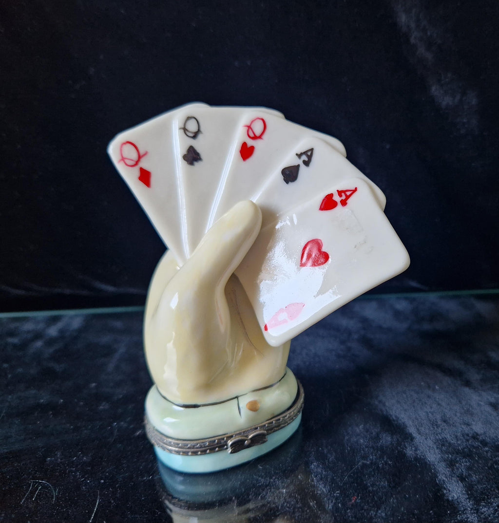 Vintage Rare Limoges Ceramic Poker Hand Full House Card Trinket Pill Box Casino