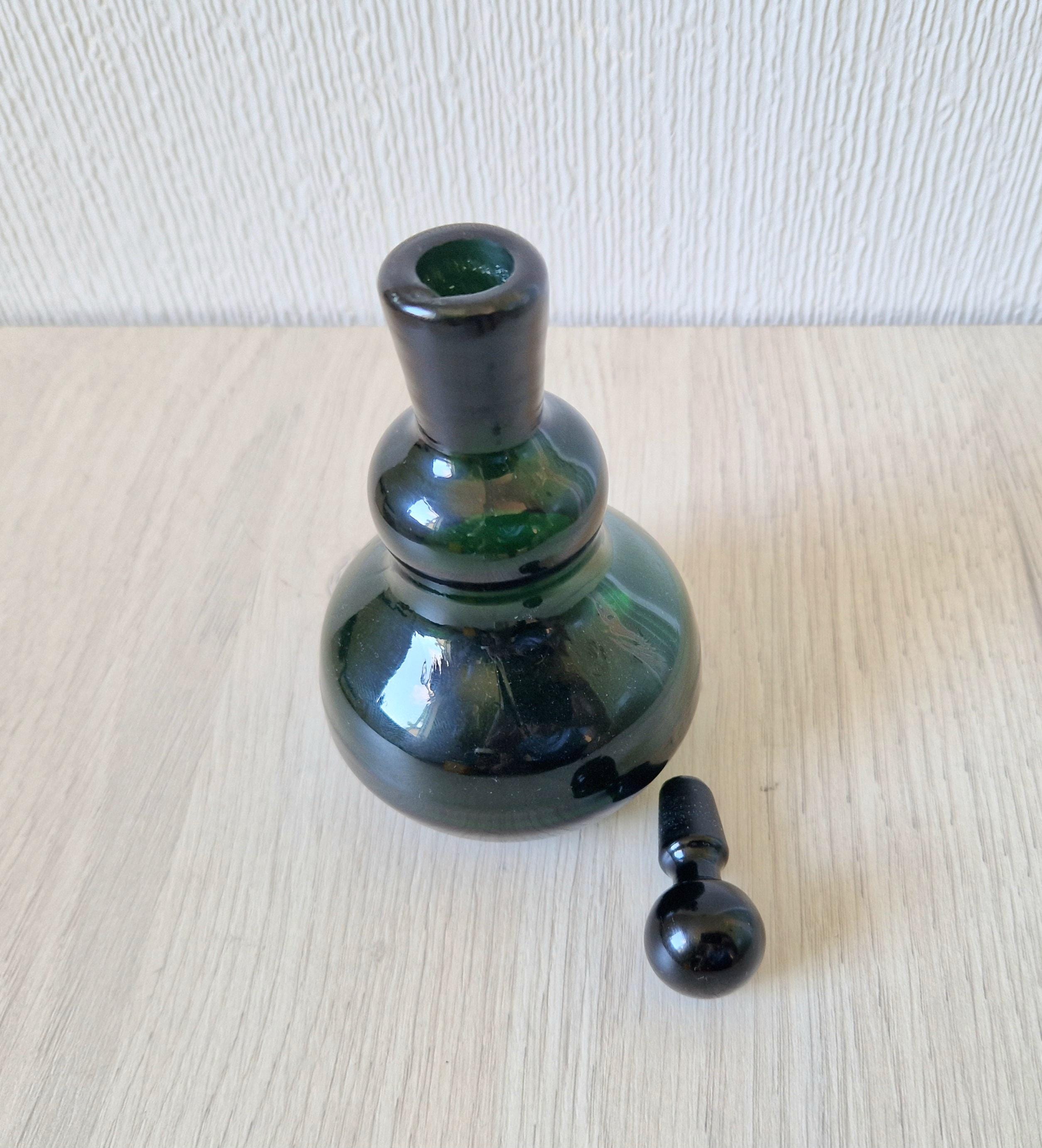 Antique Hand-Blown Dark Green Glass Small Gourd Bottle & Stopper 15cm
