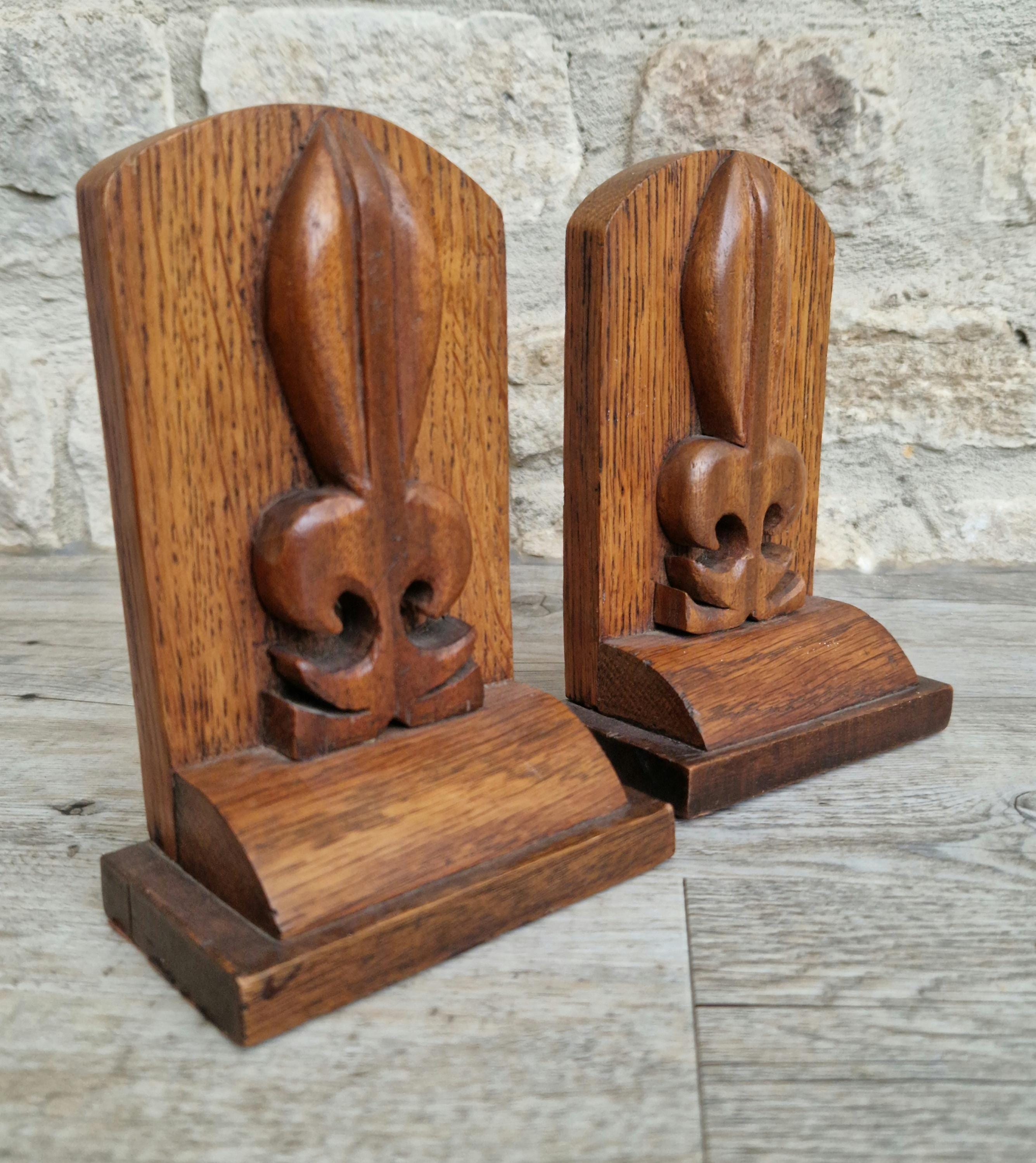 Hand-Carved Oak Arts & Crafts Fleur De Lis Book Ends