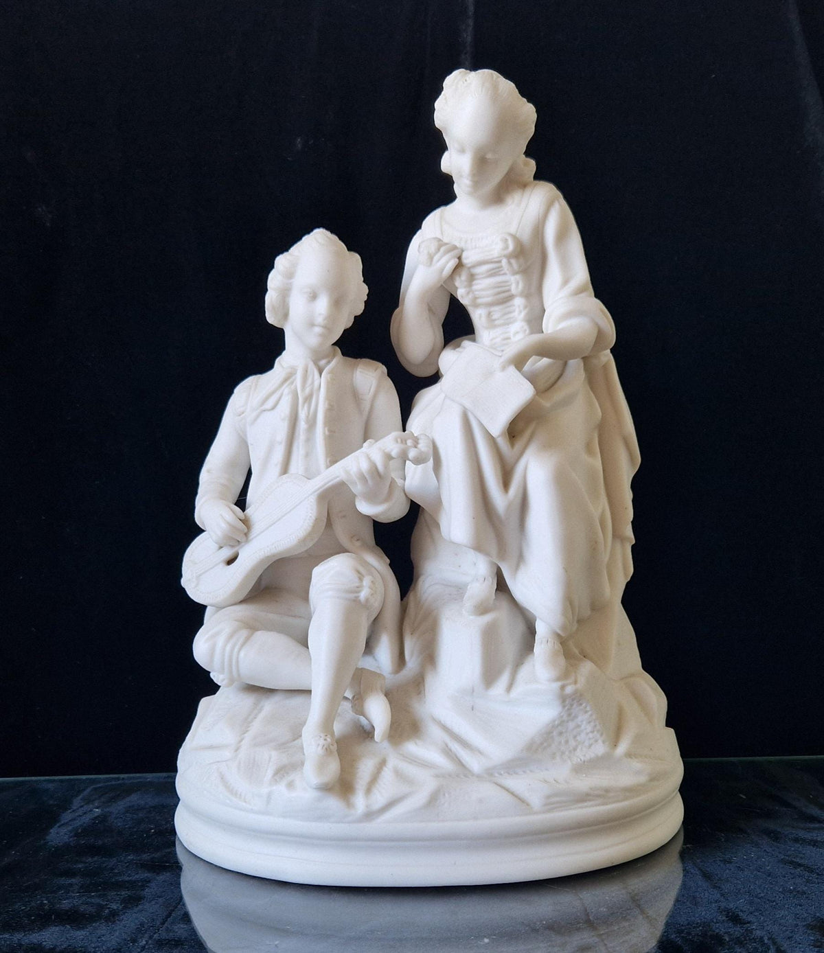 Antique Parian Ware Figural Group Young Lovers With Guitar & Music Book On Plinth