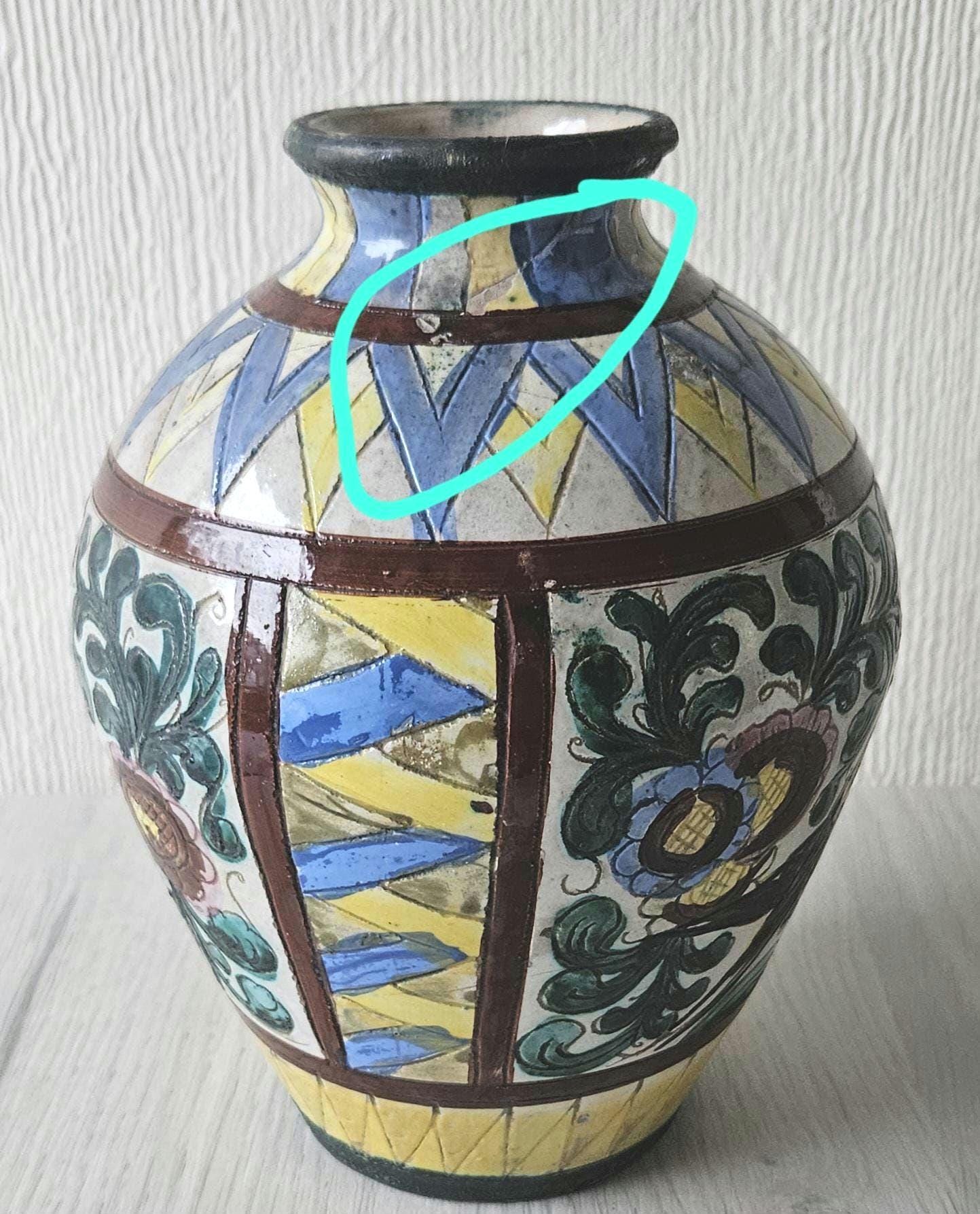 Vintage Italian Handpainted Vase Zulimo Aretini Italy Bird Fauna Design Mid-Century *some Damage 20cm Tall