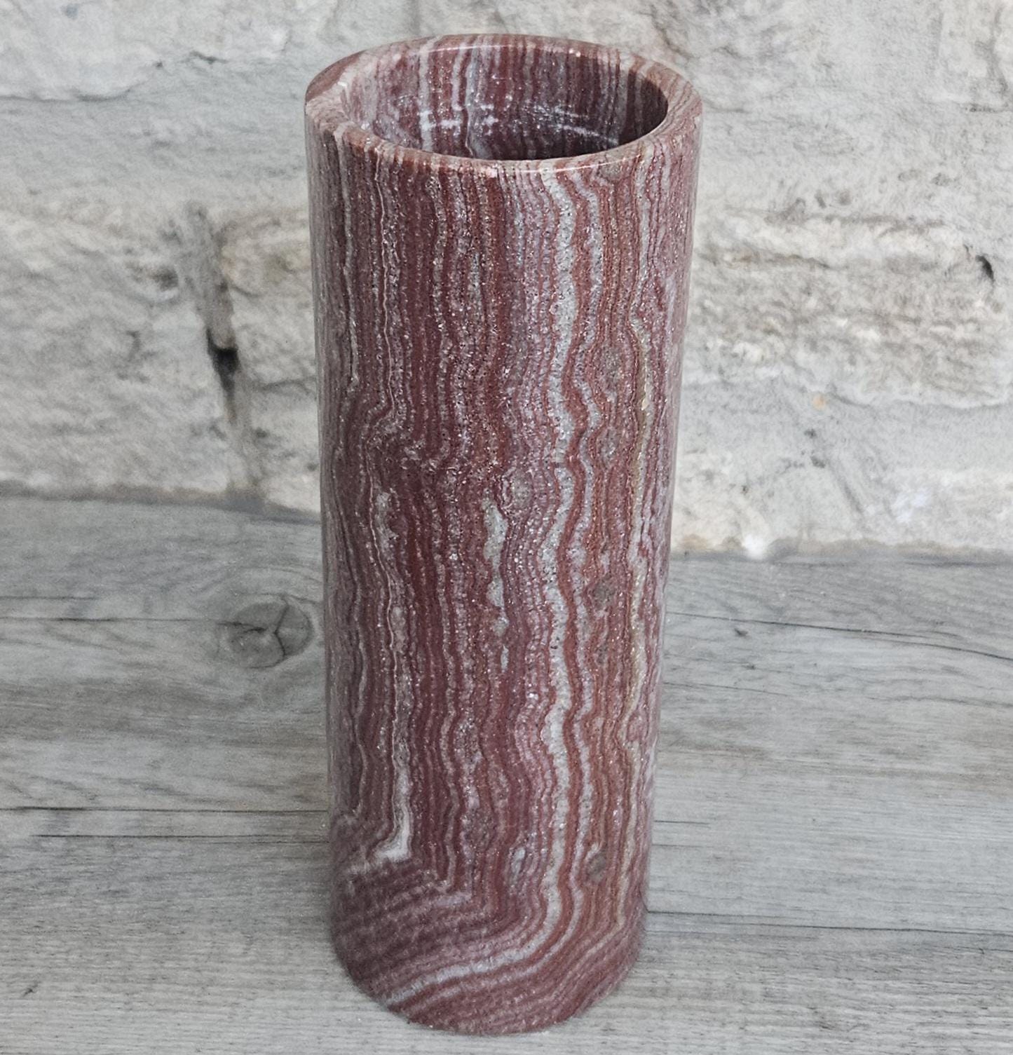Vintage Red Onyx Marble Vase Cylinder Shape 19.5cm Tall