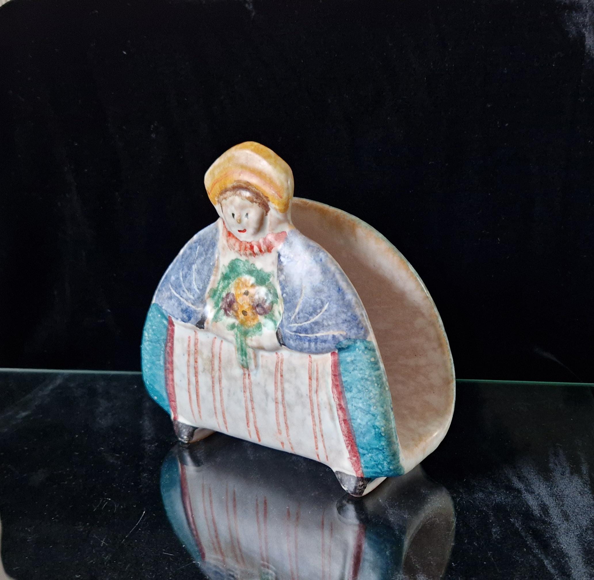 Vintage Italian Albissola Ceramic Floral Decorative Lady Serviette/Letter Holder Hand Painted Rare