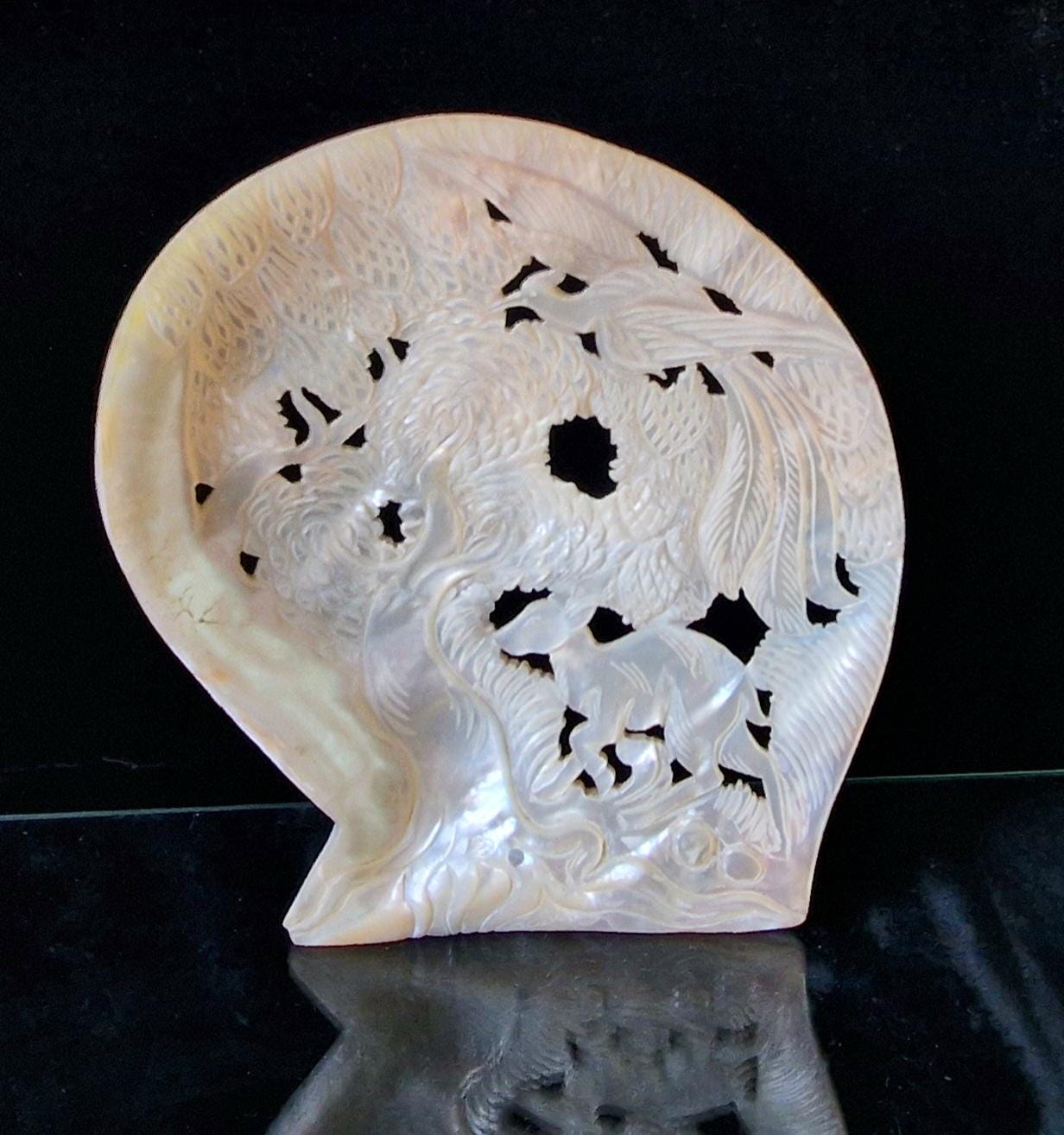 Vintage Chinese Carved Large Mother Of Pearl Shell Animal Birds Forest Scene