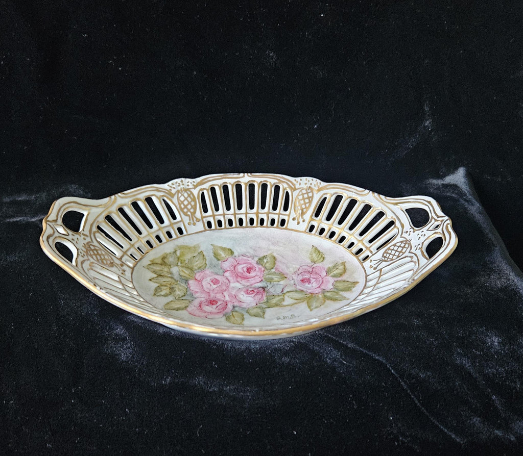 German Porcelain Lattice Dish Handpainted Roses Trinket Dish Vintage