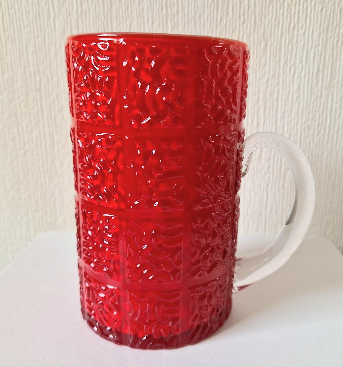 Large Bright Red Textured Cased Glass Tankard Rare Mid-Century Vintage Heavy Glass