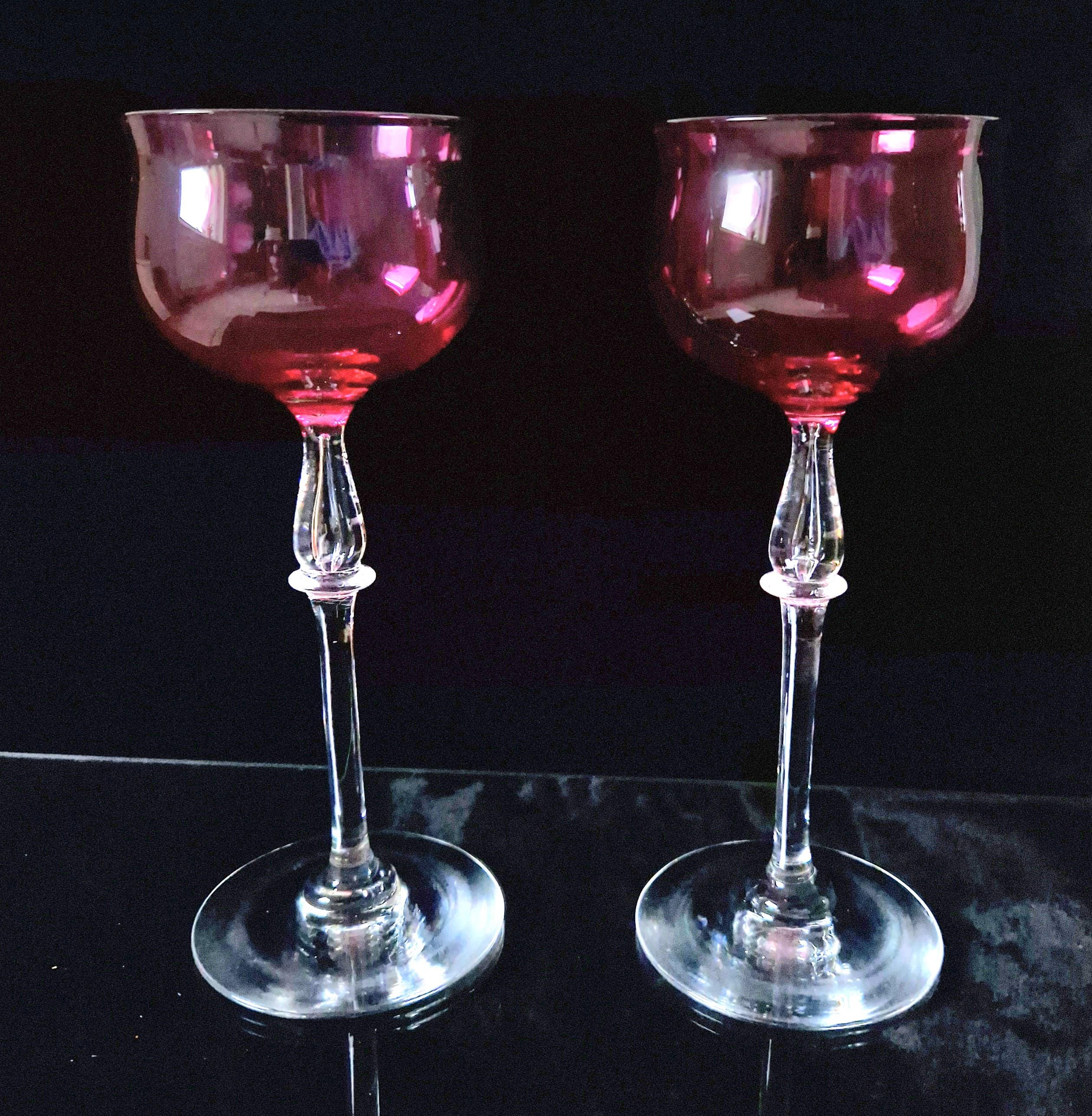 Art Nouveau Cranberry Wine Glasses: French 'Nancy' Airtear Stem, c.1910 (Set of 2)