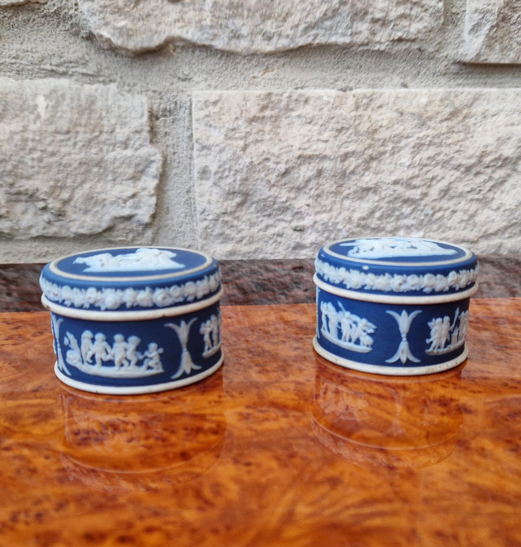2 x Antique Wedgwood Neoclassical Dark Blue Jasperware Rouge Pot Patch Pot