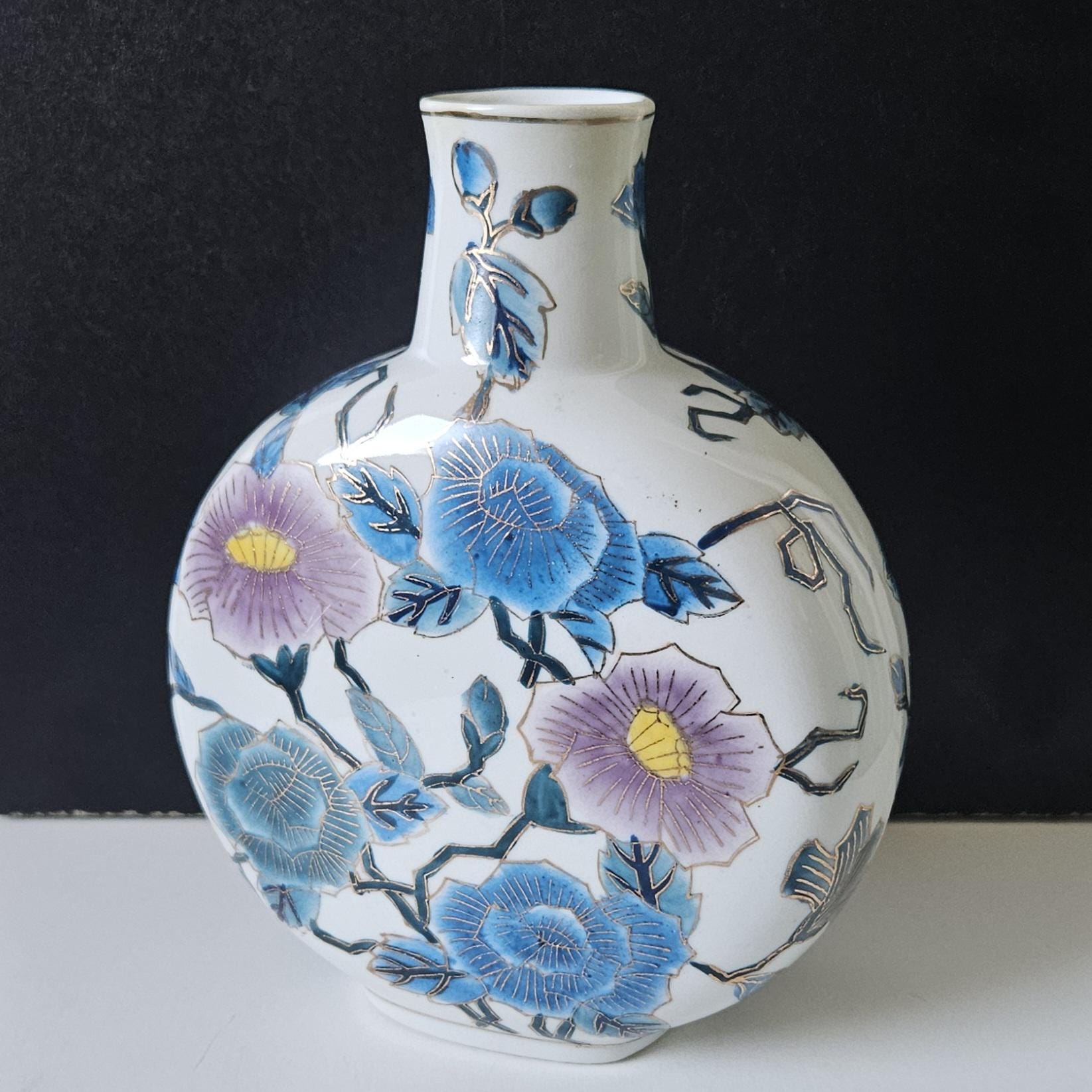 Vintage Asian Moon Flask Vase Blue lilac Blossom Gold Accents 20cm Tall