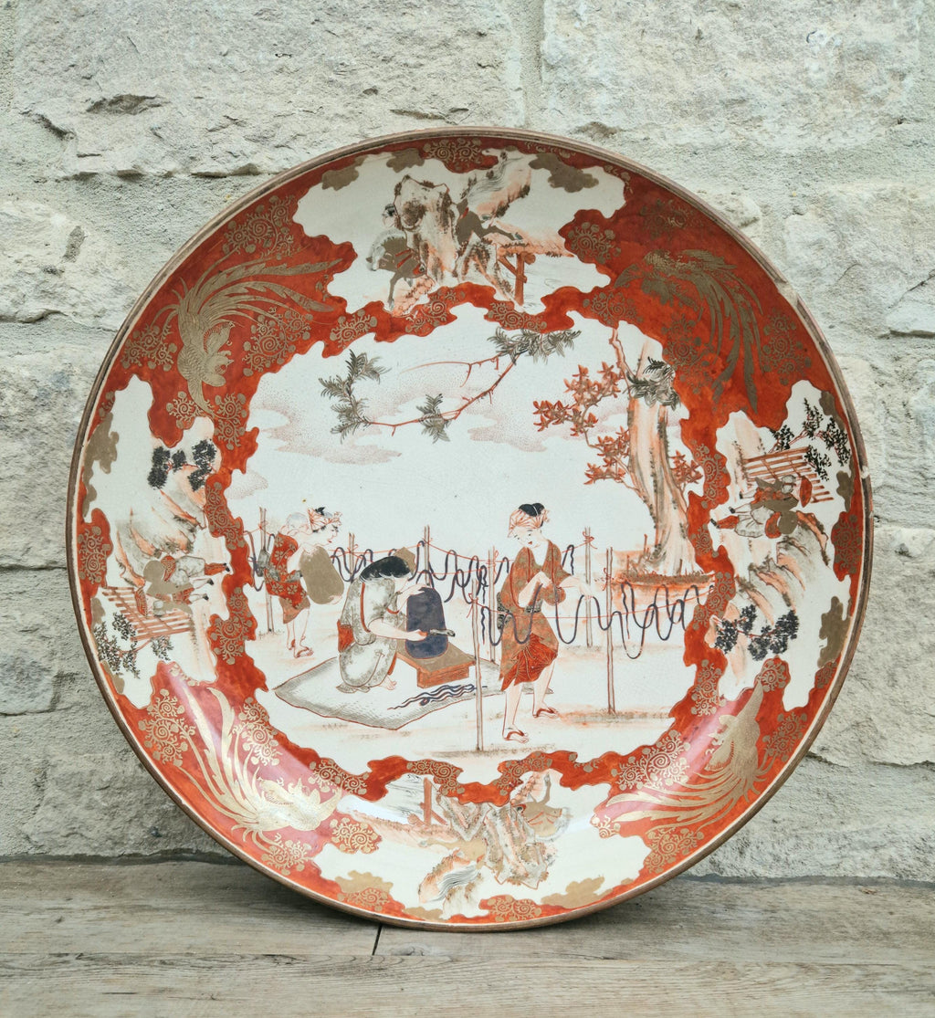 Antique Japanese Kutani Ware Meiji Period Porcelain Large Charger Iron Red Glaze With Gilt Accents 38cm